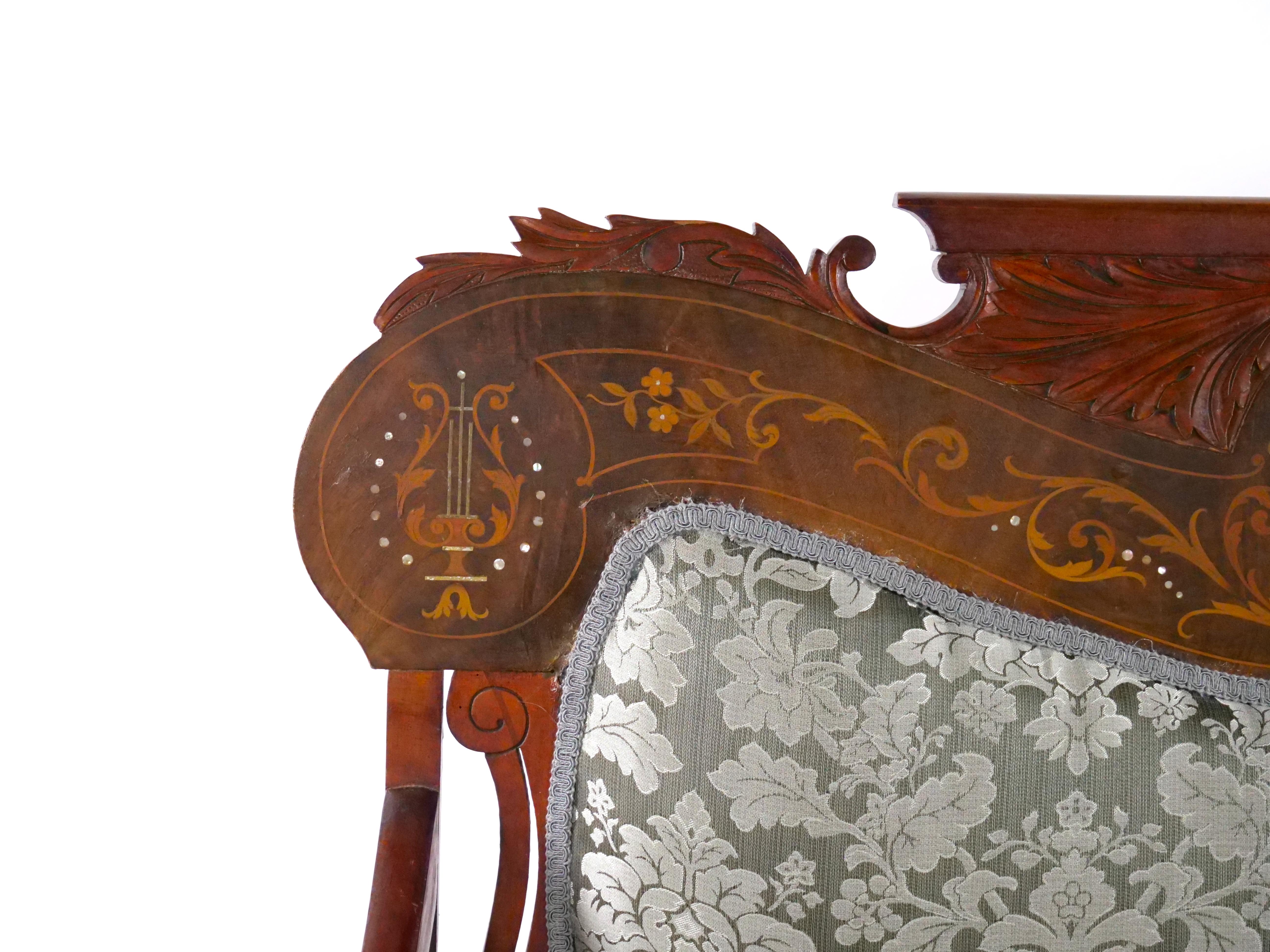 Hand-Carved 19th Century Mahogany Wood Frame Inlay Marquetry Top Settee  For Sale