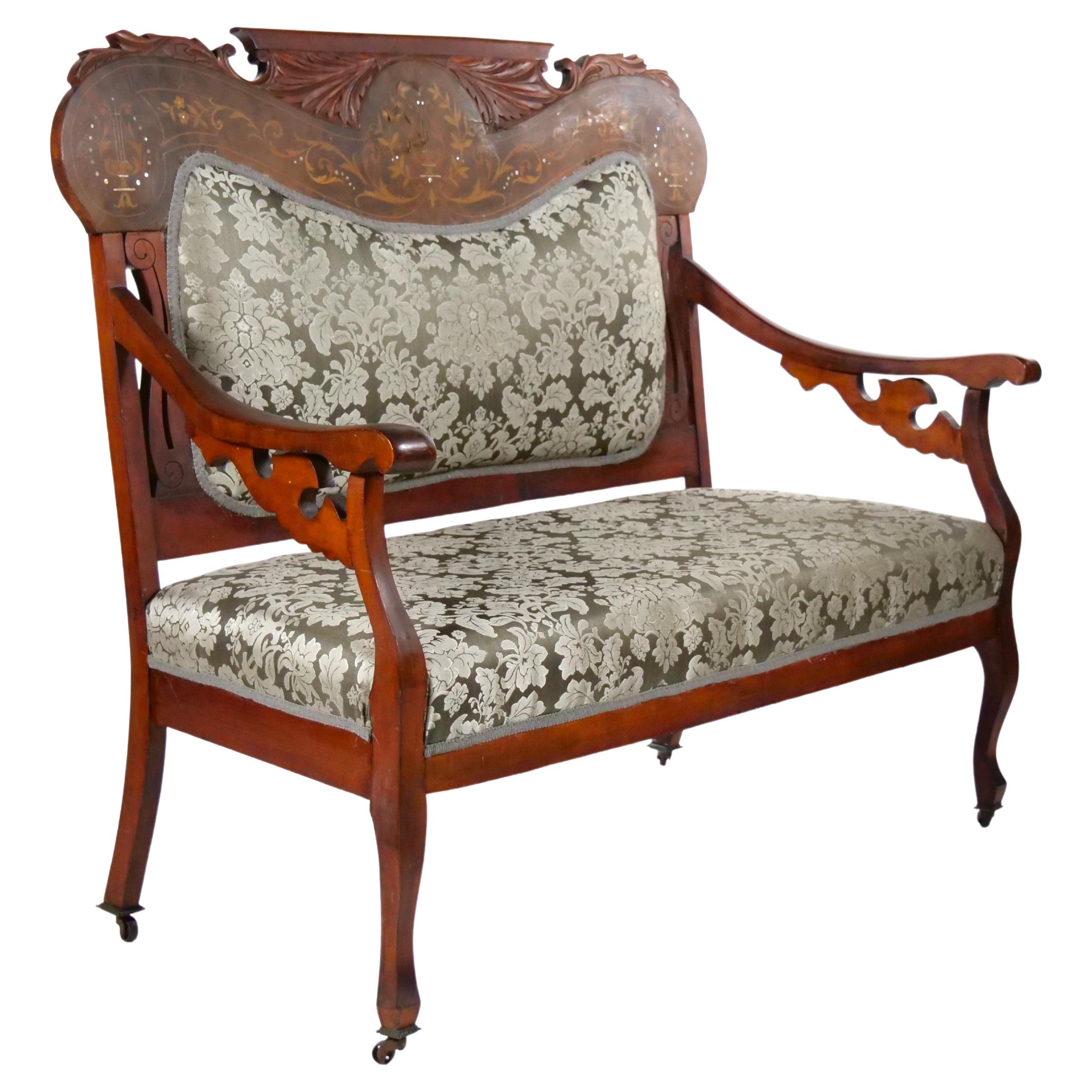 19th Century Mahogany Wood Frame Inlay Marquetry Top Settee  For Sale