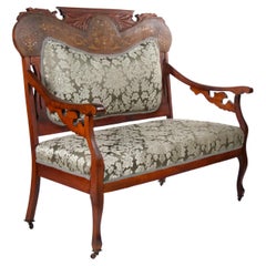 19th Century Mahogany Wood Frame Inlay Marquetry Top Settee 