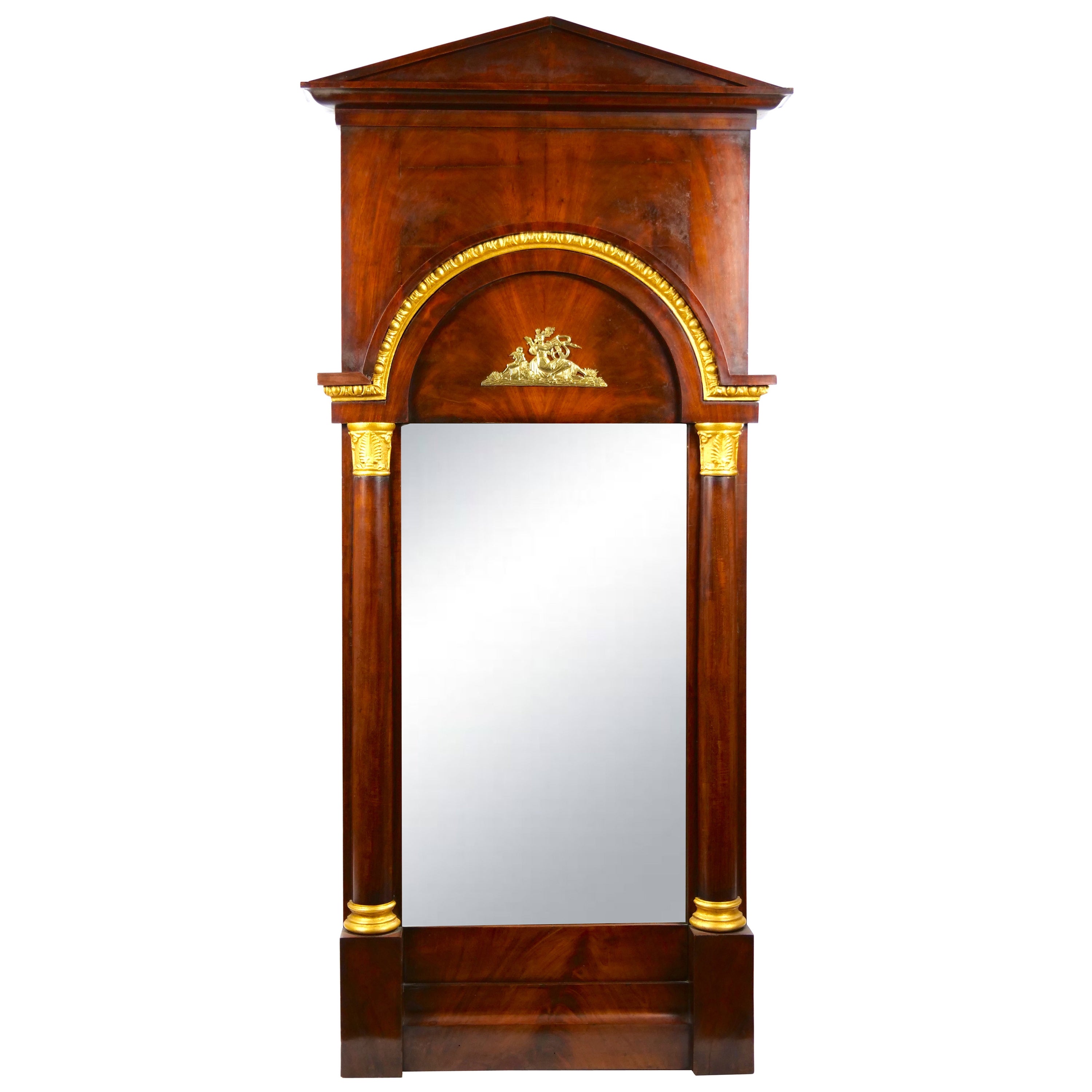 Miroir de pilier du 19ème siècle encadré de bois d'acajou et monté sur bronze