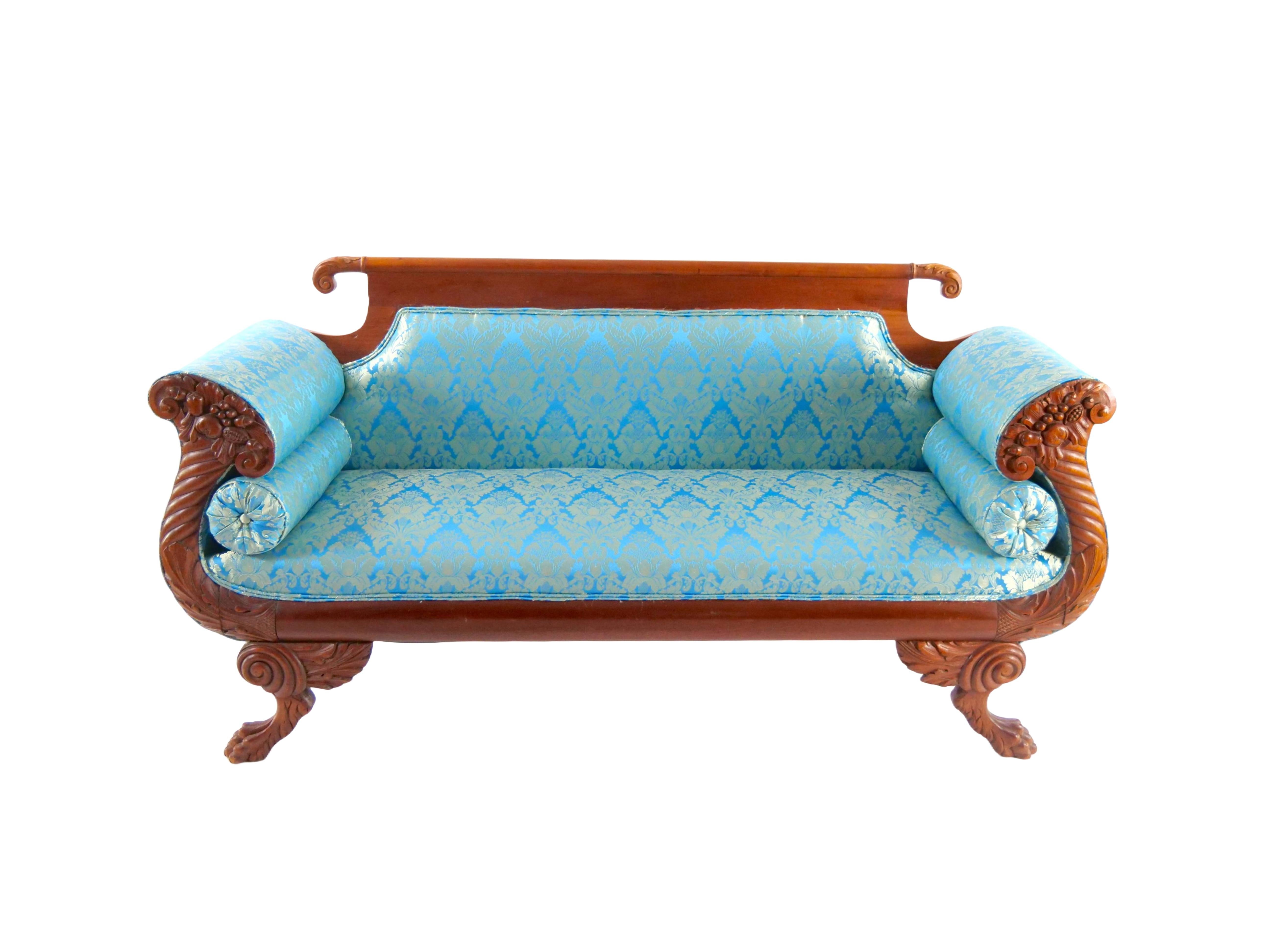 19th Century Mahogany Wood Framed Empire Style Upholstered Sofa For Sale 5
