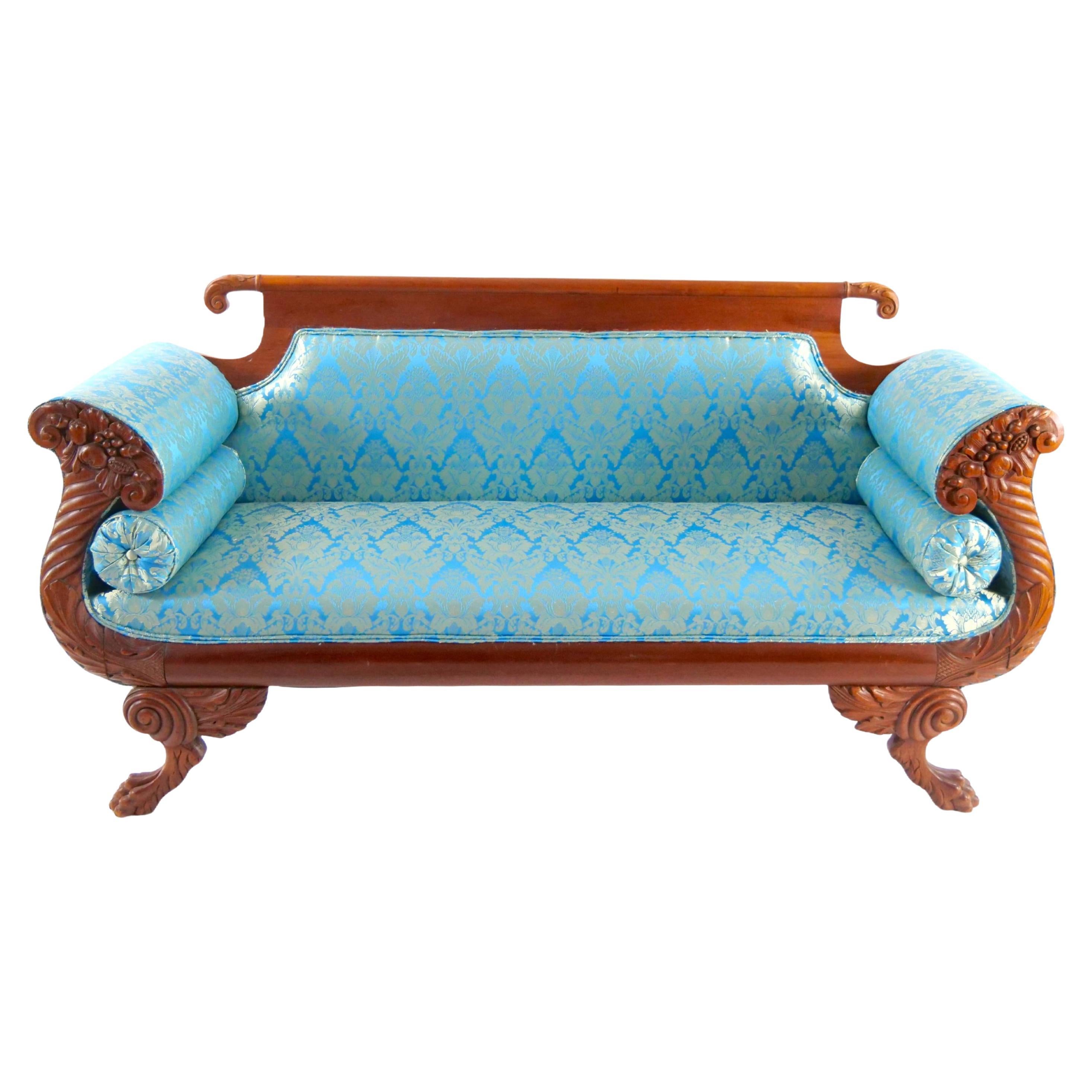 19th Century Mahogany Wood Framed Empire Style Upholstered Sofa For Sale