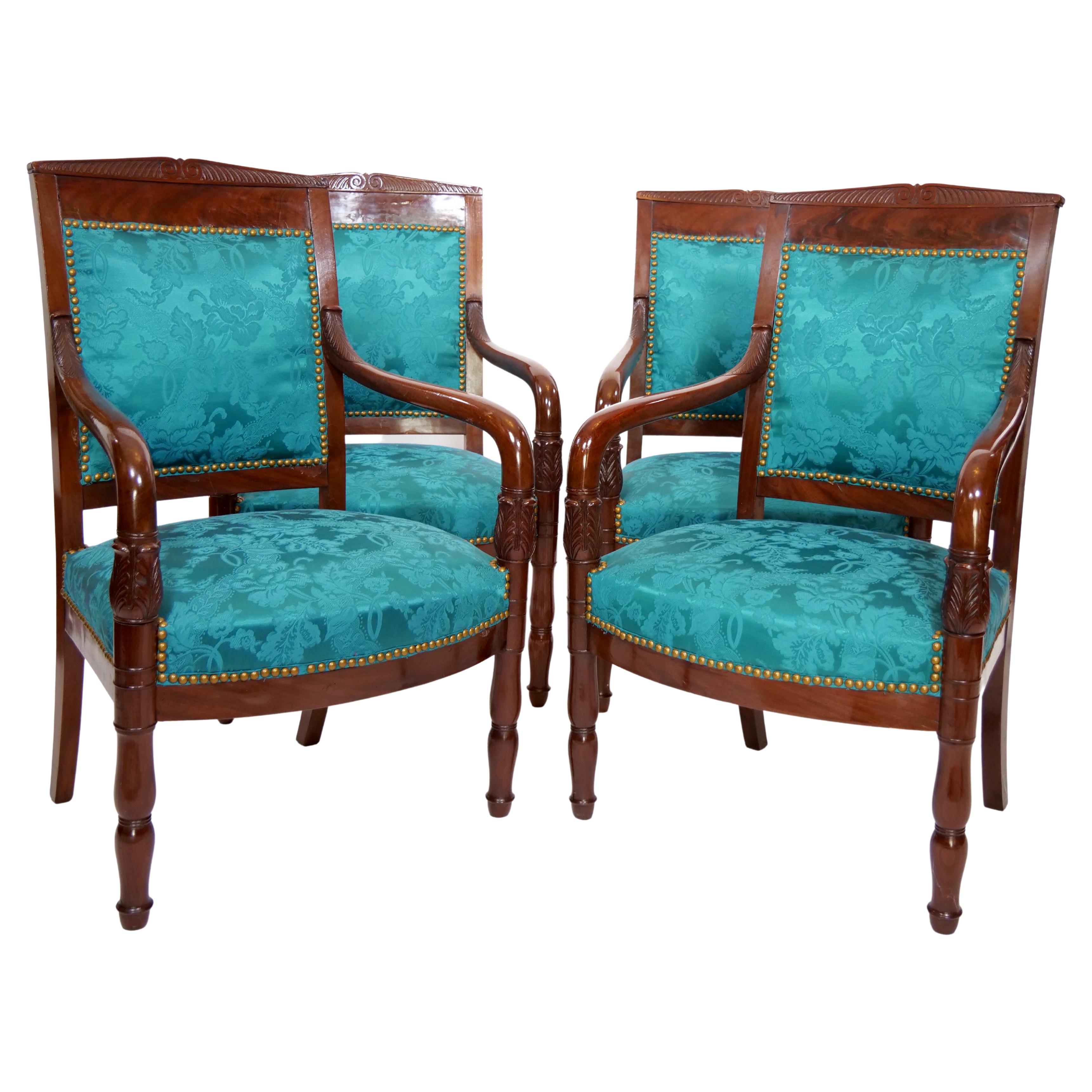 19th century Edwardian style mahogany wood framed upholstered armchair set of four pieces. Each chair is in great antique condition. Signed and dated underneath by the maker. Immaculate upholstery. Minor wear consistent with age / use. Each armchair