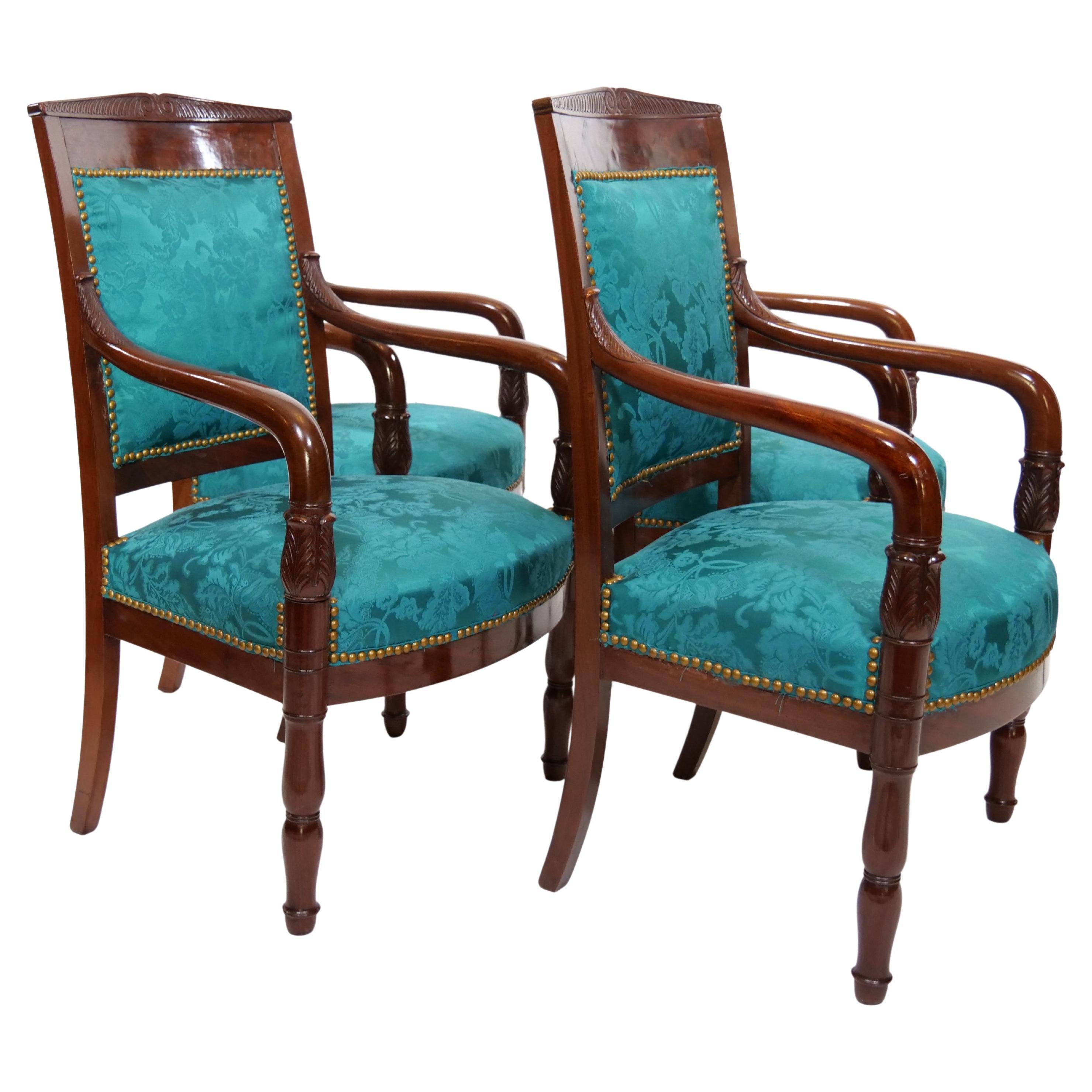 French 19th Century Mahogany Wood Framed / Upholstered Armchair Set For Sale