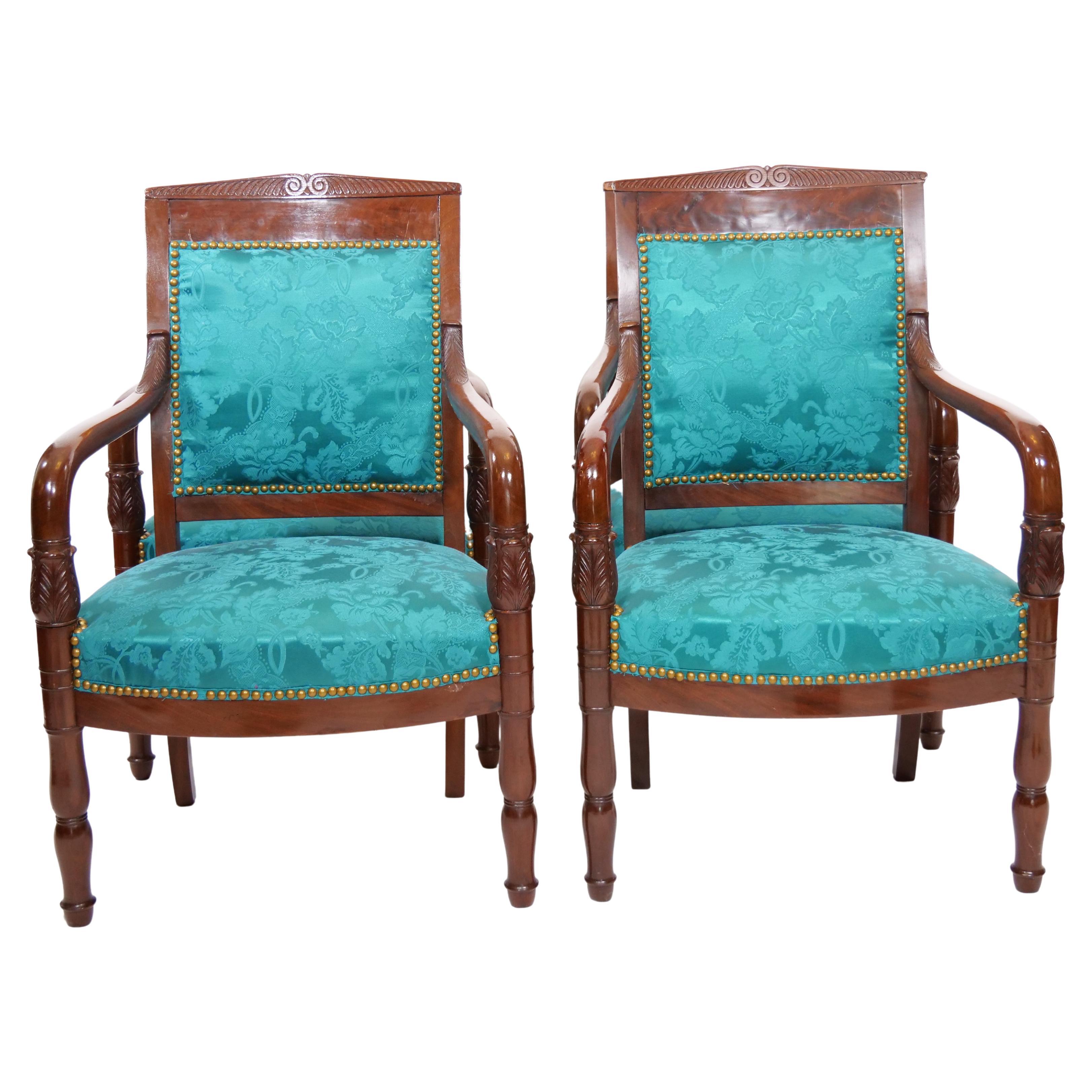 Hand-Carved 19th Century Mahogany Wood Framed / Upholstered Armchair Set For Sale