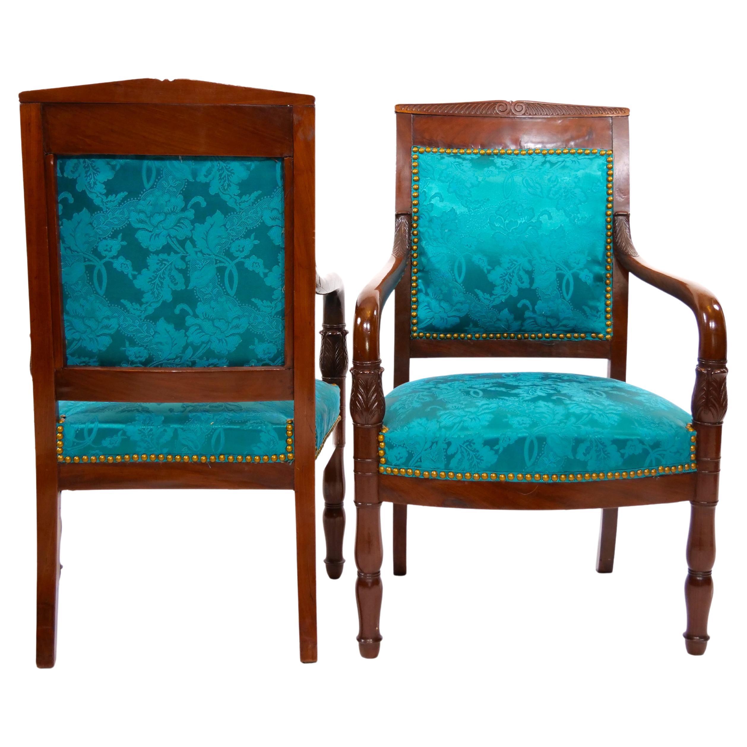 19th Century Mahogany Wood Framed / Upholstered Armchair Set In Good Condition For Sale In Tarry Town, NY