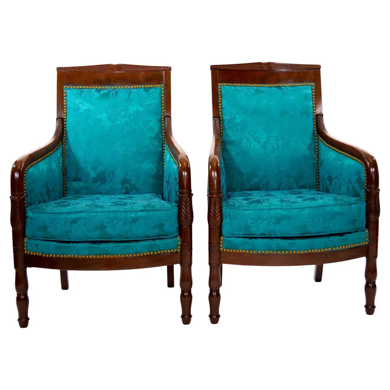 19th Century Mahogany Wood Framed Upholstered Pair Armchair 8