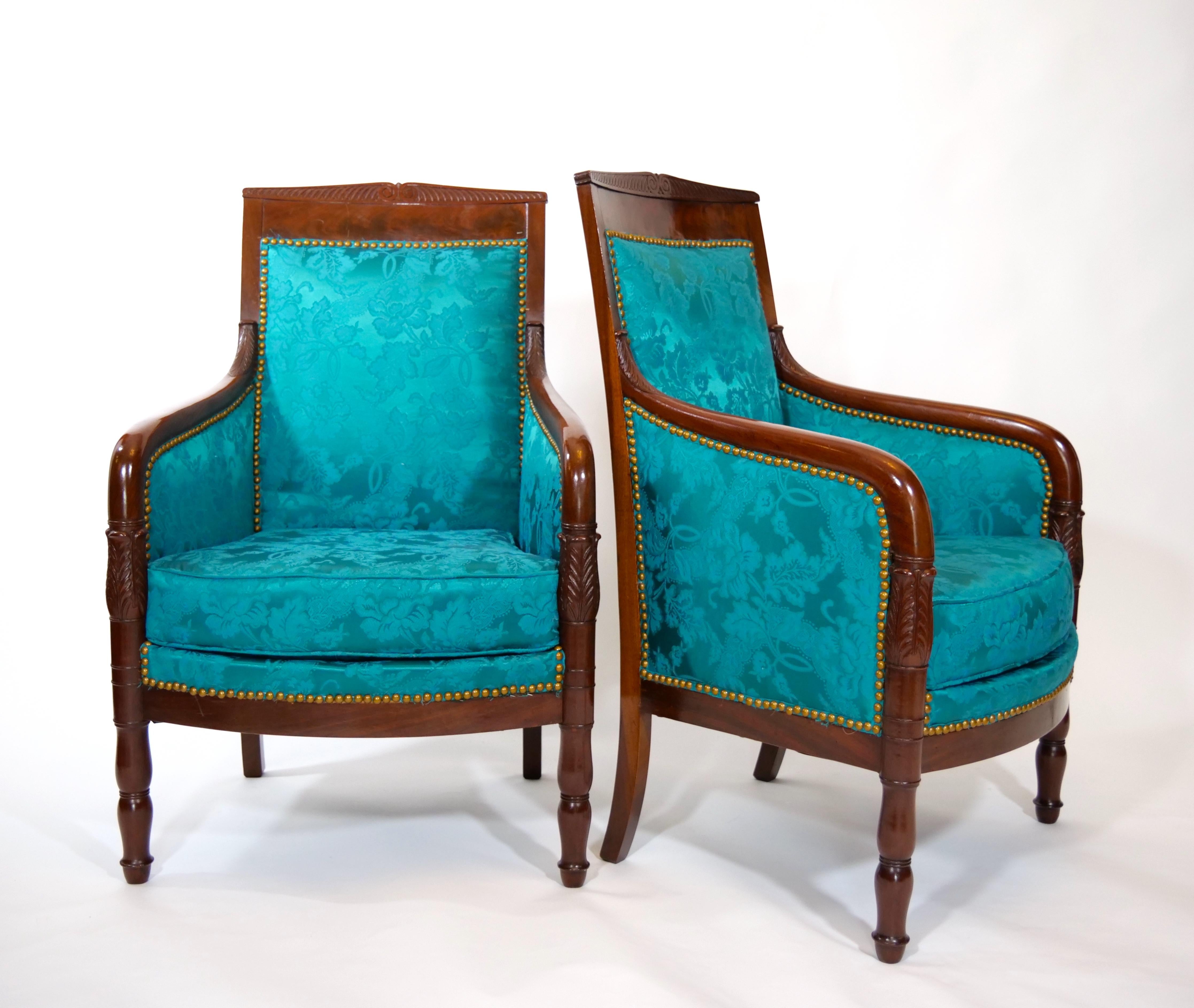 19th century Edwardian style mahogany wood framed upholstered pair armchair. Each chair is in great antique condition. Signed and dated underneath by the maker. Immaculate upholstery. Minor wear consistent with age / use. Each armchair measure about