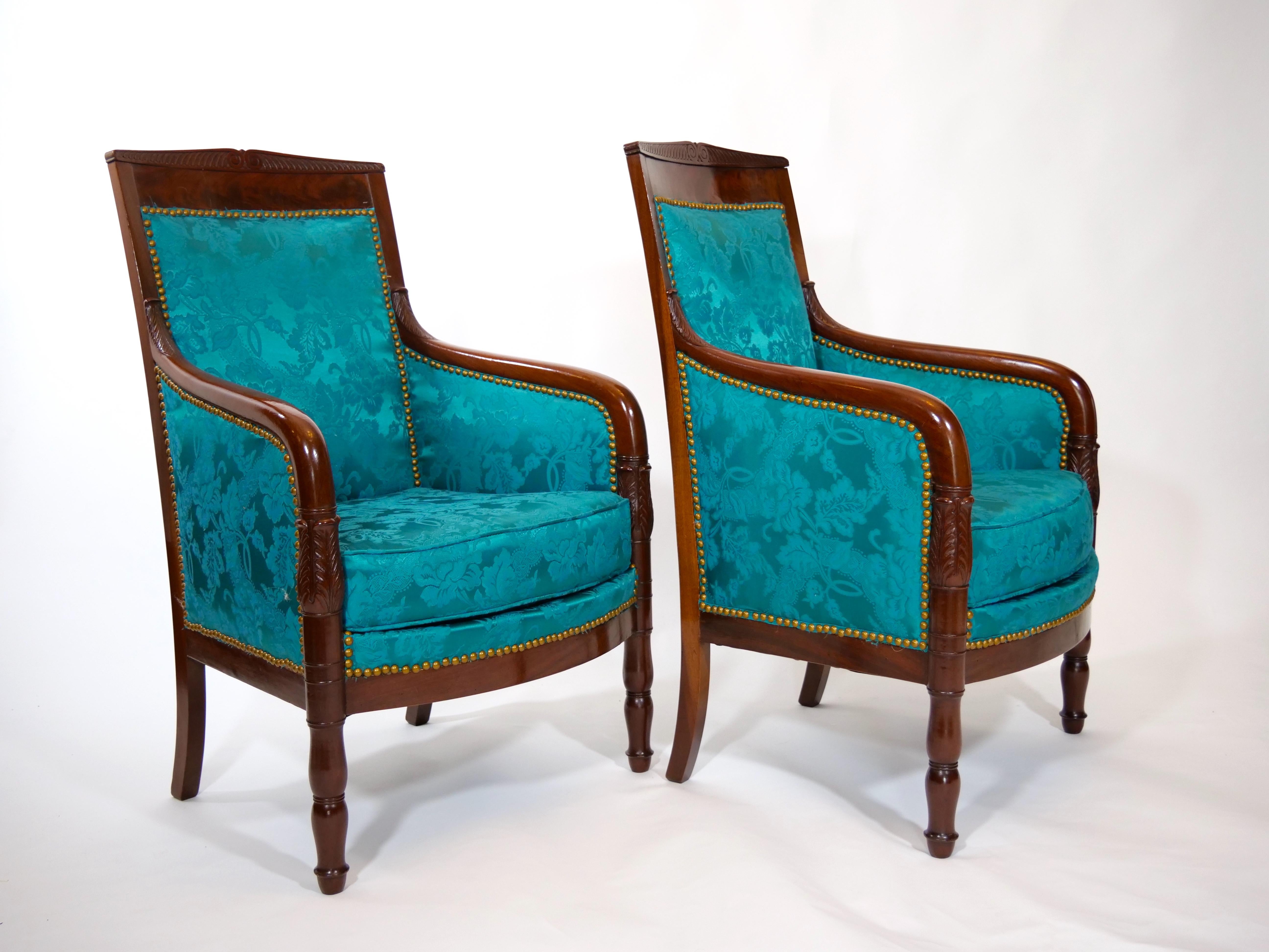 Edwardian 19th Century Mahogany Wood Framed Upholstered Pair Armchair