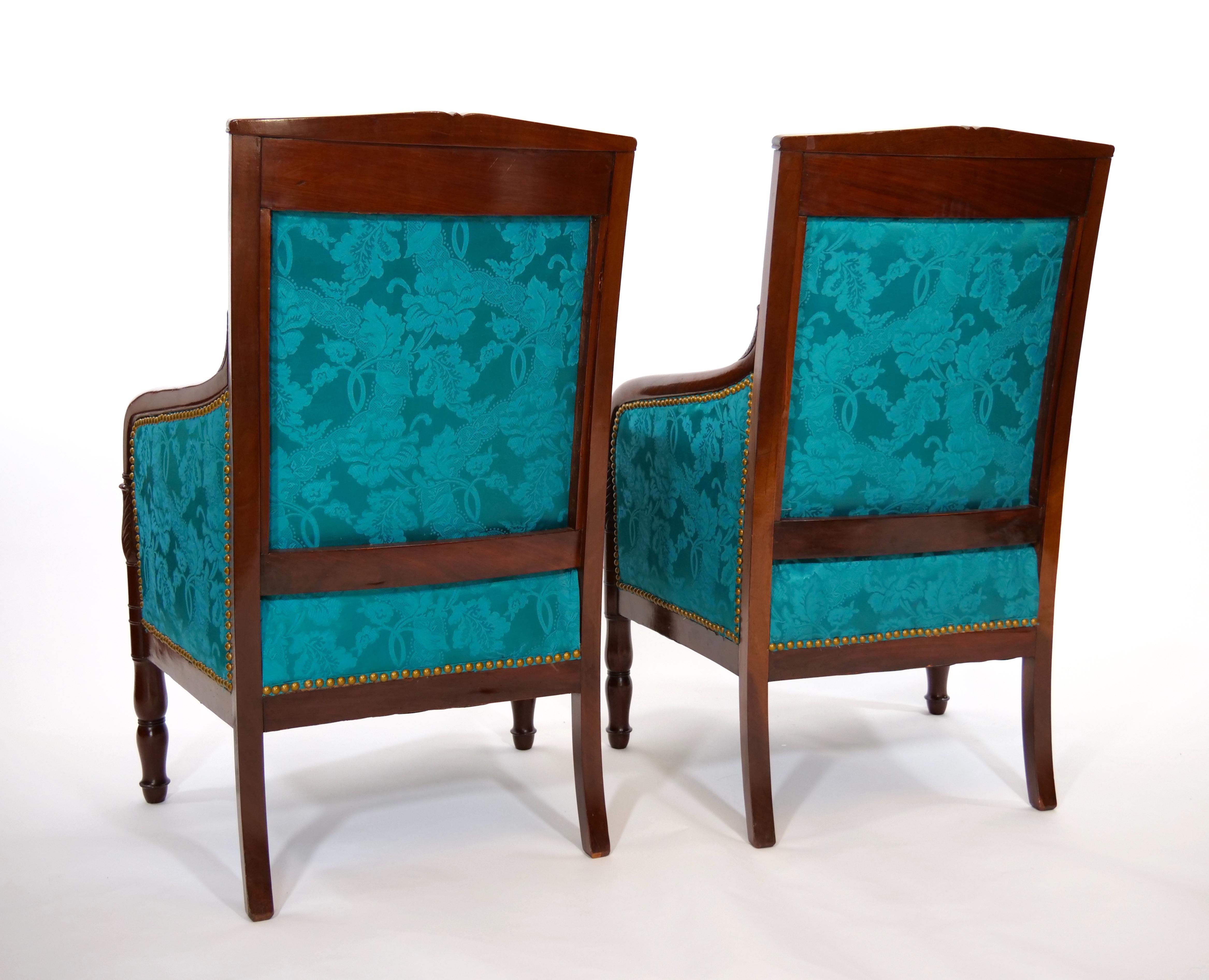 French 19th Century Mahogany Wood Framed Upholstered Pair Armchair