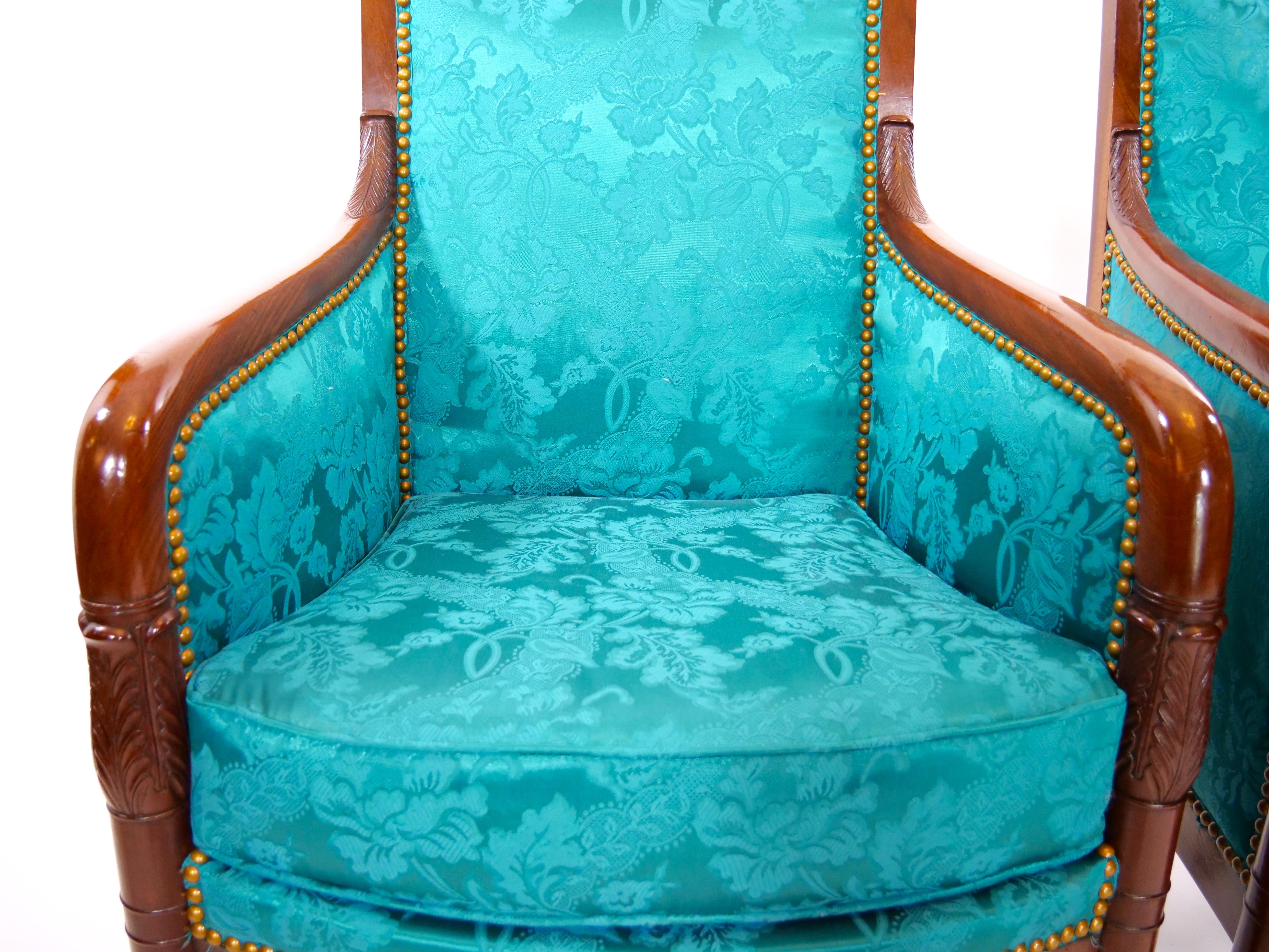 Hand-Carved 19th Century Mahogany Wood Framed Upholstered Pair Armchair