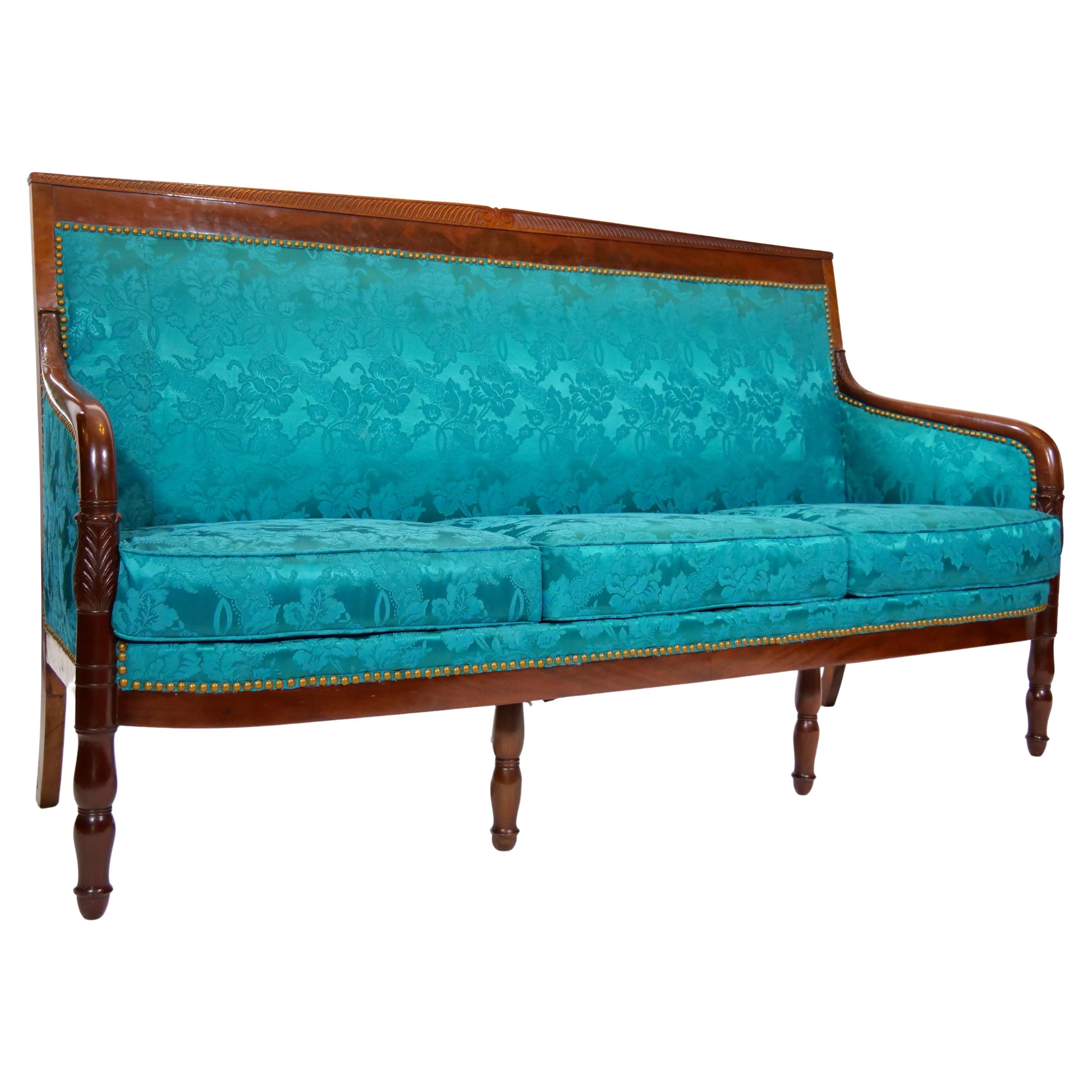19th century Edwardian style mahogany wood framed upholstered settee or sofa. The settee / sofa is in great antique condition. Signed and dated underneath by the maker. Immaculate upholstery. Minor wear consistent with age / use. The settee / sofa