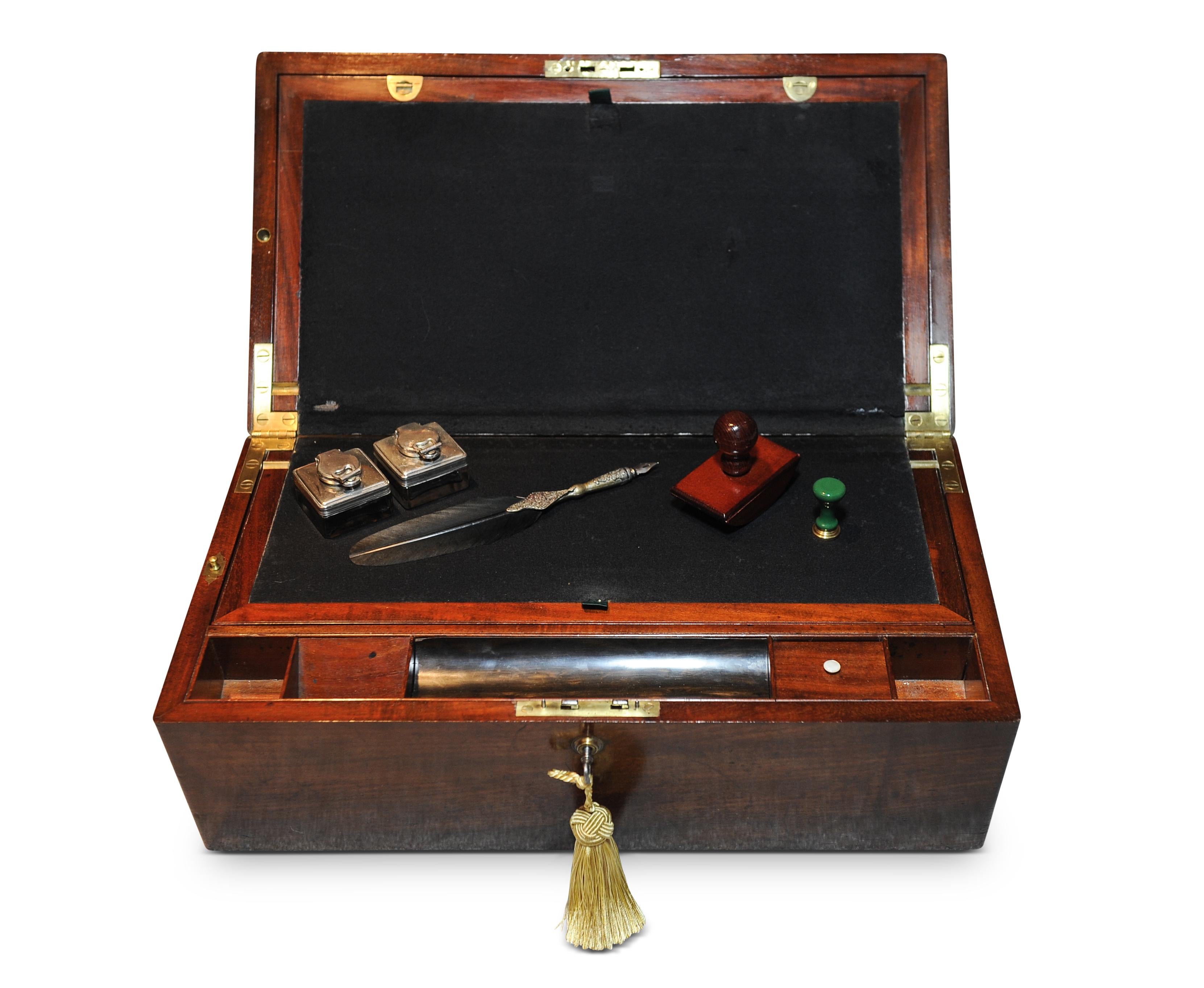 British 19th Century Mahogany Writing Slope Befit with a Pair of Inkwells by J J Mechi For Sale