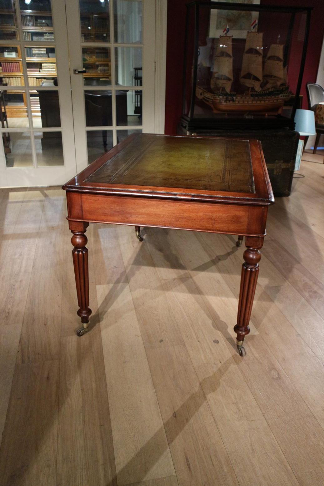 Mid-19th Century 19th Century Mahogany Writing Table with 2 Drawers and Green Leather Top