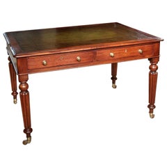 19th Century Mahogany Writing Table with 2 Drawers and Green Leather Top