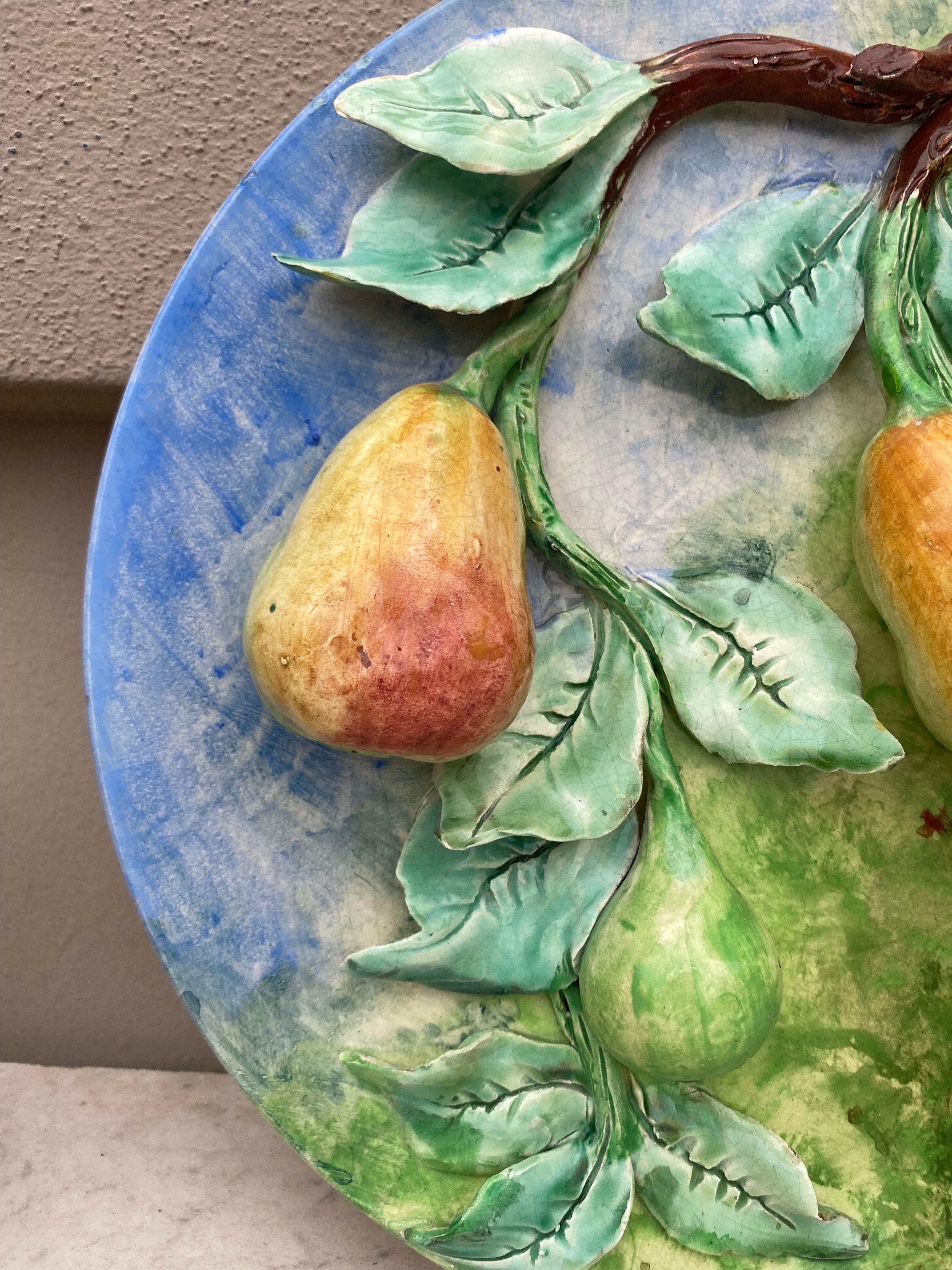 Country 19th Century Majolica Pear Wall Platter Longchamp For Sale