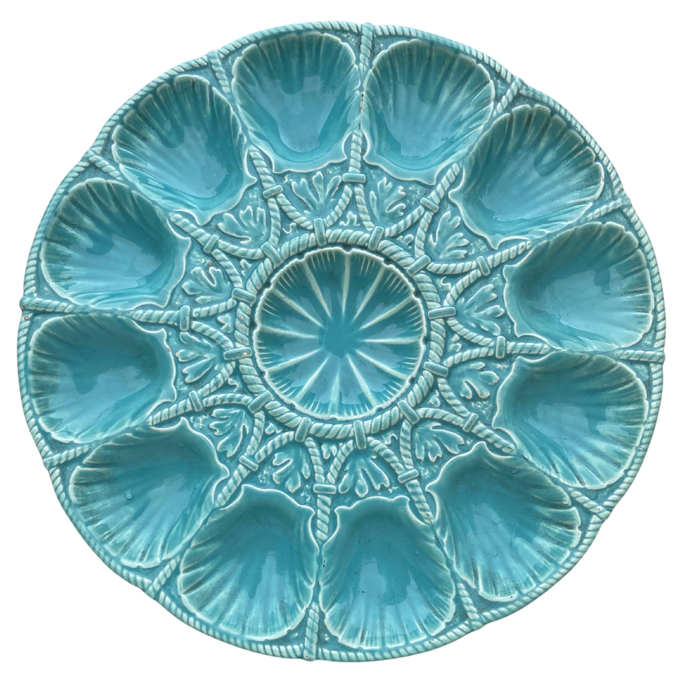 19th Century Majolica Aqua Shell Oyster Platter Sarreguemines For Sale