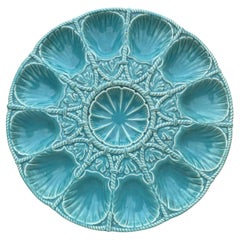 19th Century Majolica Aqua Shell Oyster Platter Sarreguemines
