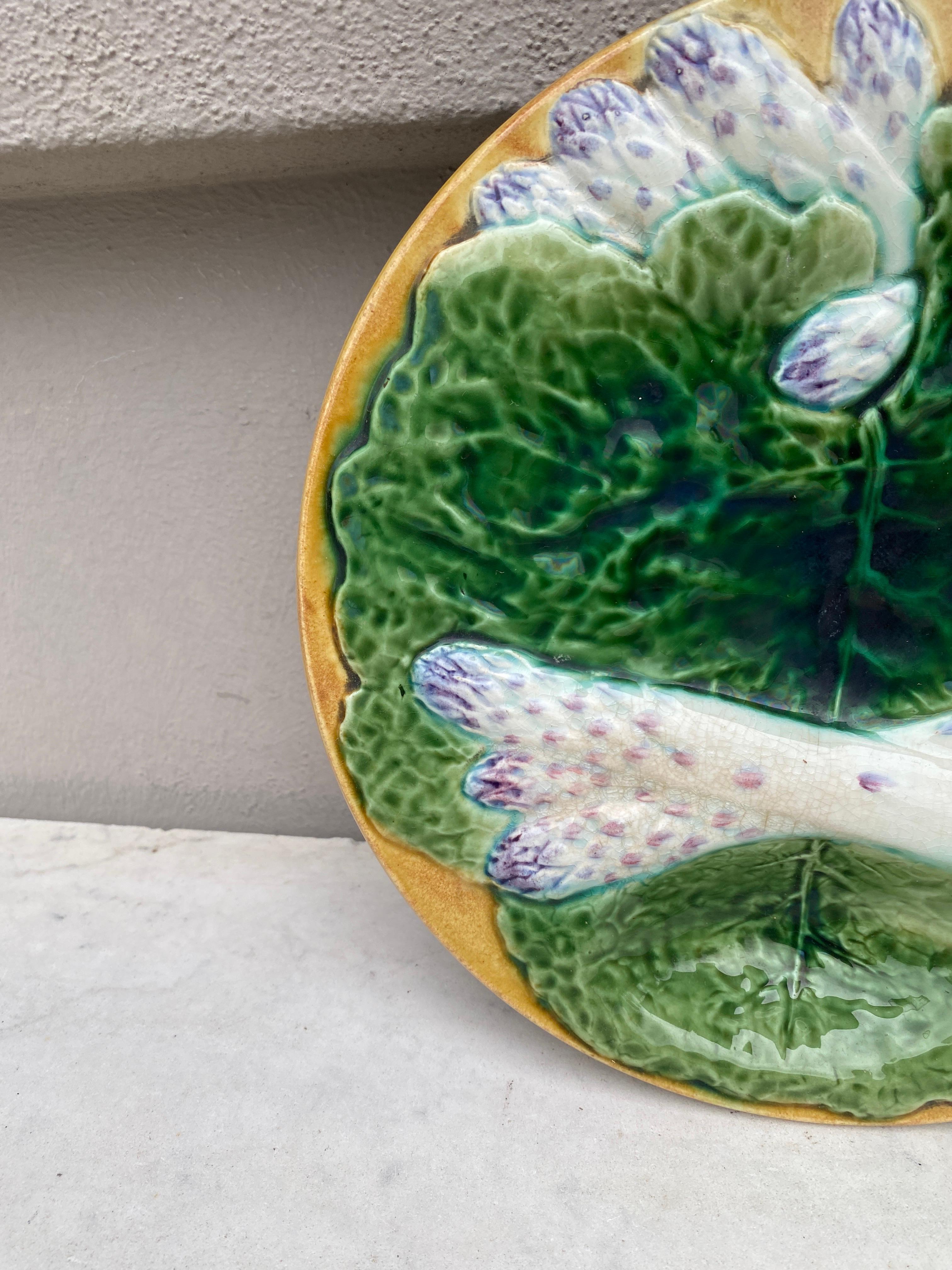 Country 19th Century Majolica Asparagus Plate with Cabbage Leaves Creil & Montereau For Sale
