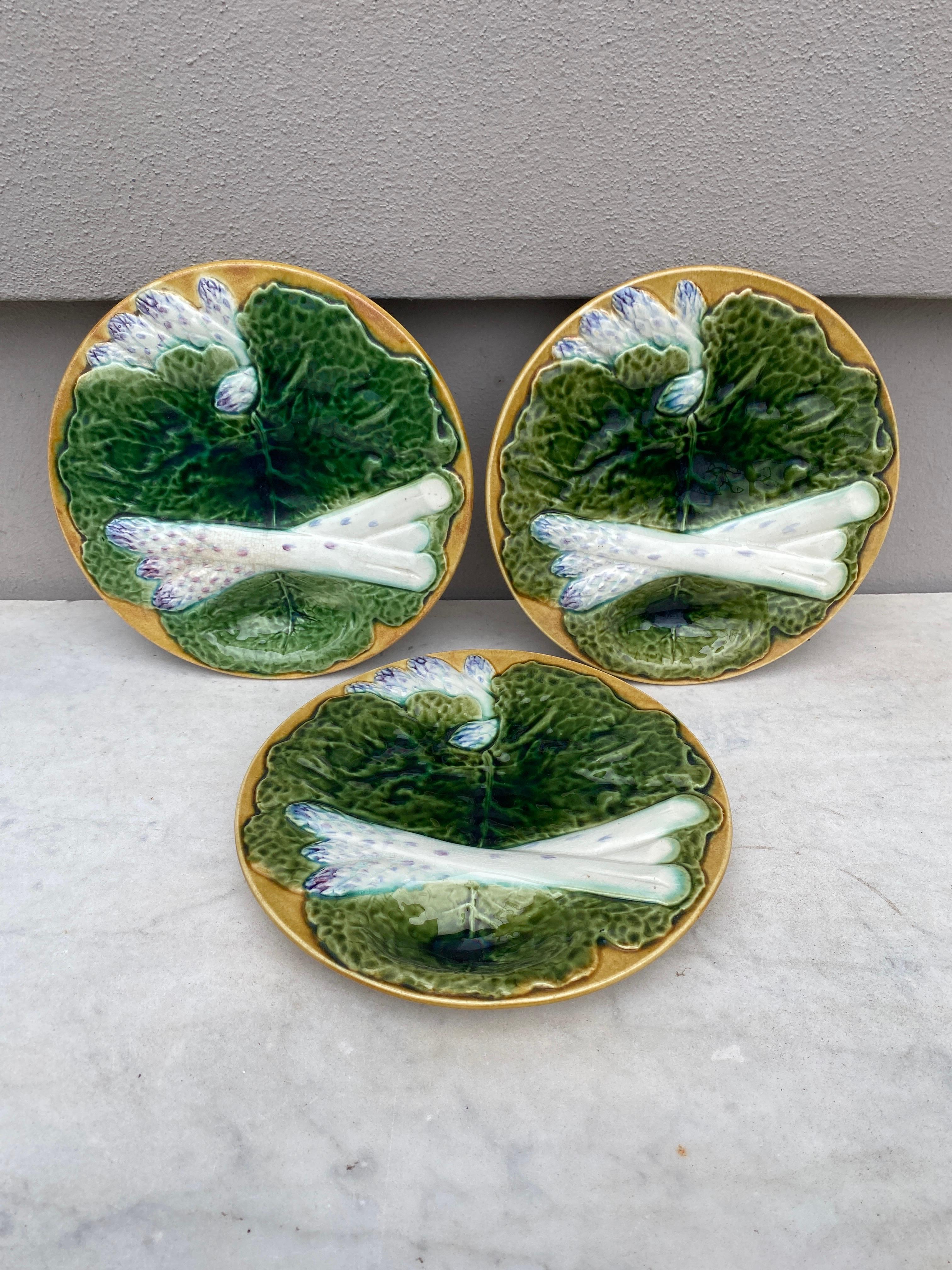 French 19th Century Majolica Asparagus Plate with Cabbage Leaves Creil & Montereau For Sale