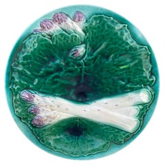 Antique 19th Century Majolica Asparagus Plate with Cabbage Leaves Creil & Montereau