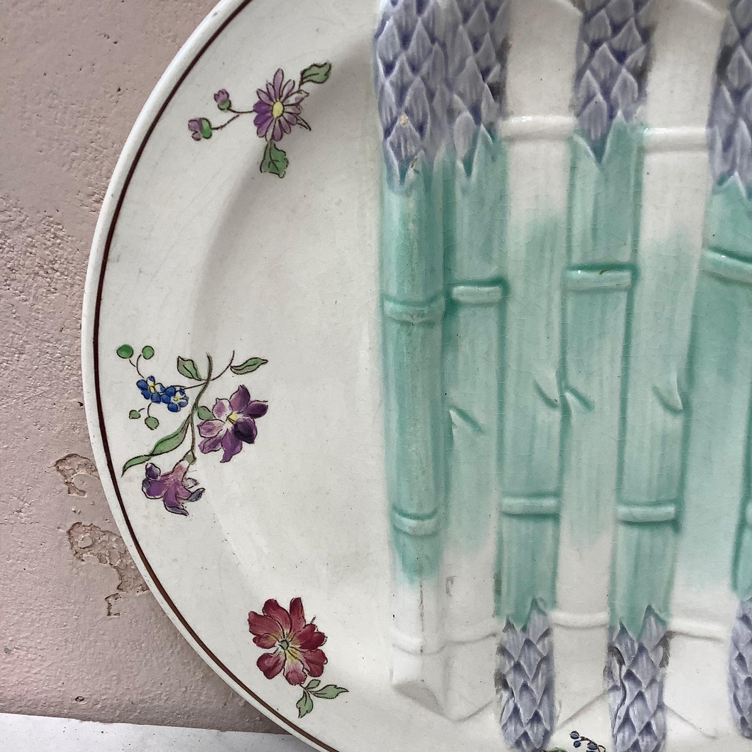 French Majolica Asparagus Plate with Flowers Longchamp, circa 1900