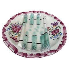 19th Century Majolica Asparagus Plate with Flowers Longchamp
