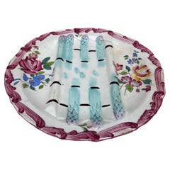 19th Century Majolica Asparagus Plate with Flowers Longchamp