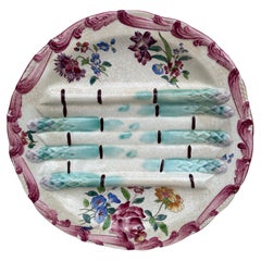 19th Century Majolica Asparagus Plate with Flowers Longchamp
