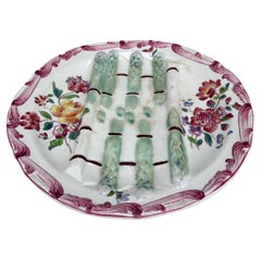 19th Century Majolica Asparagus Plate with Flowers Longchamp