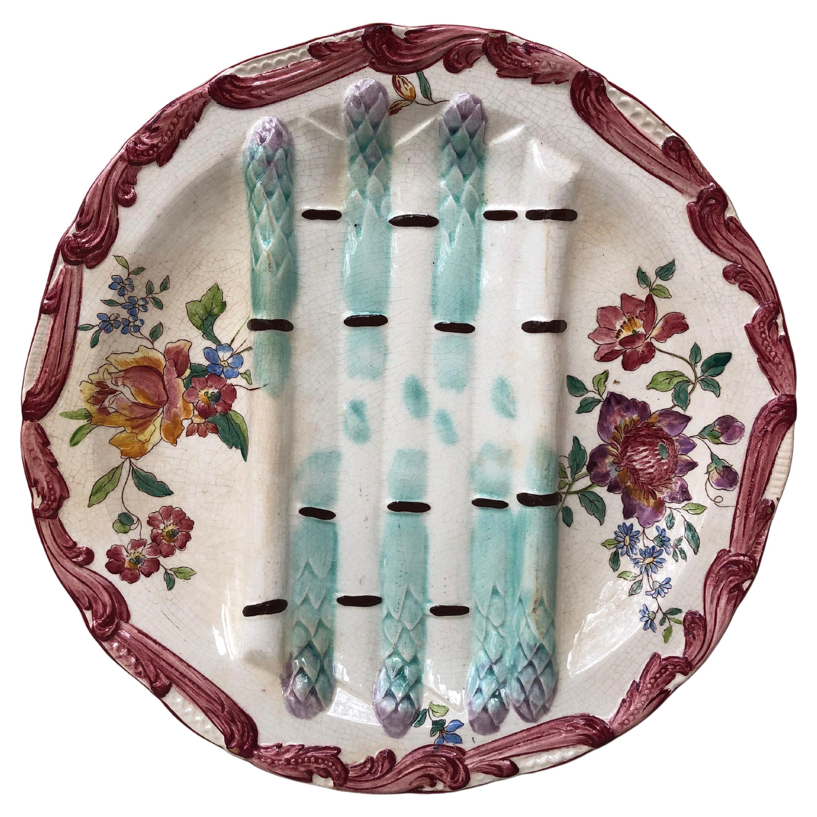19th Century Majolica Asparagus Plate with Flowers Longchamp For Sale