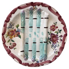 19th Century Majolica Asparagus Plate with Flowers Longchamp