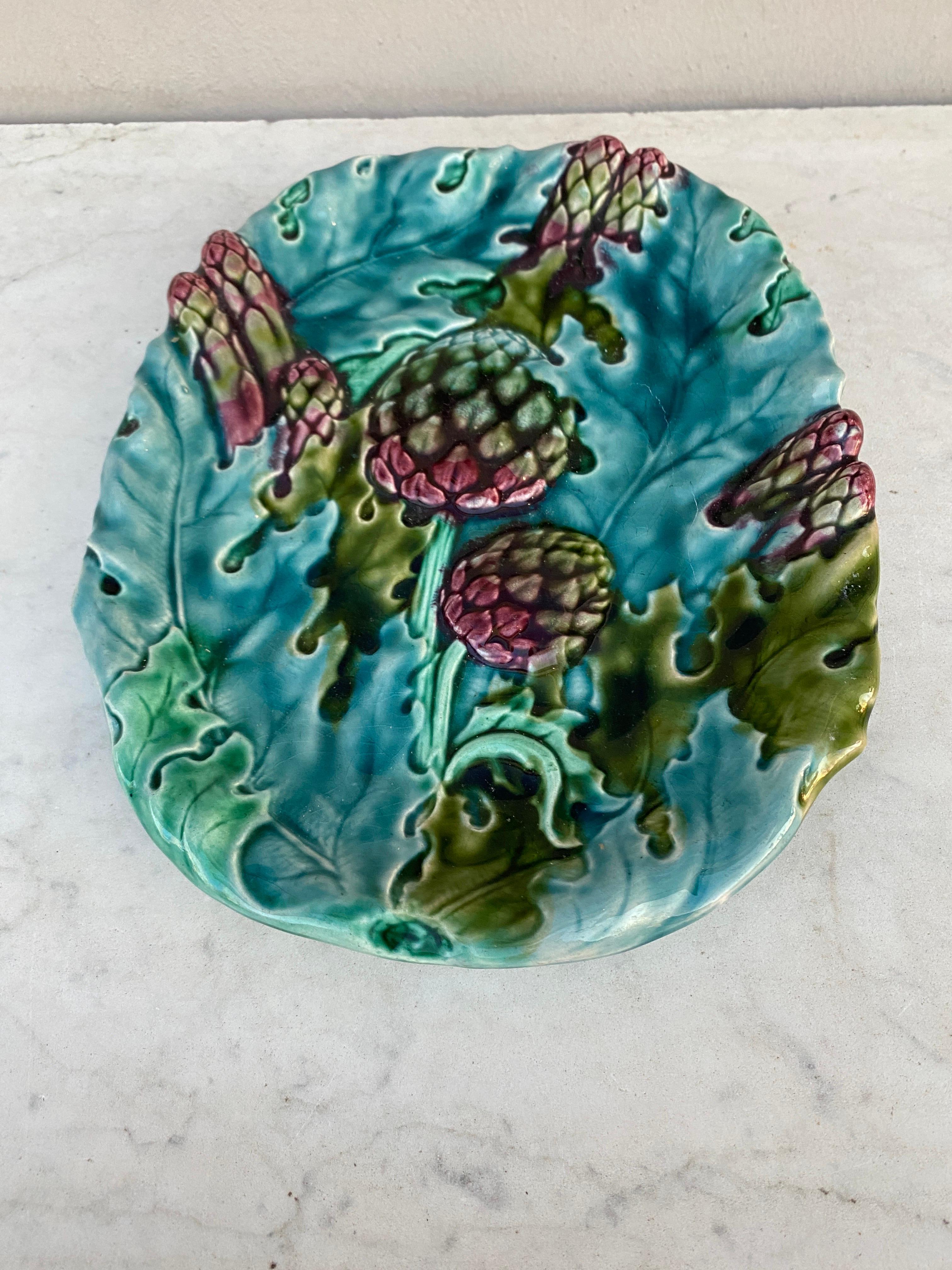 19th Century Majolica Asparagus Platter Keller and Guerin Luneville In Good Condition For Sale In Austin, TX