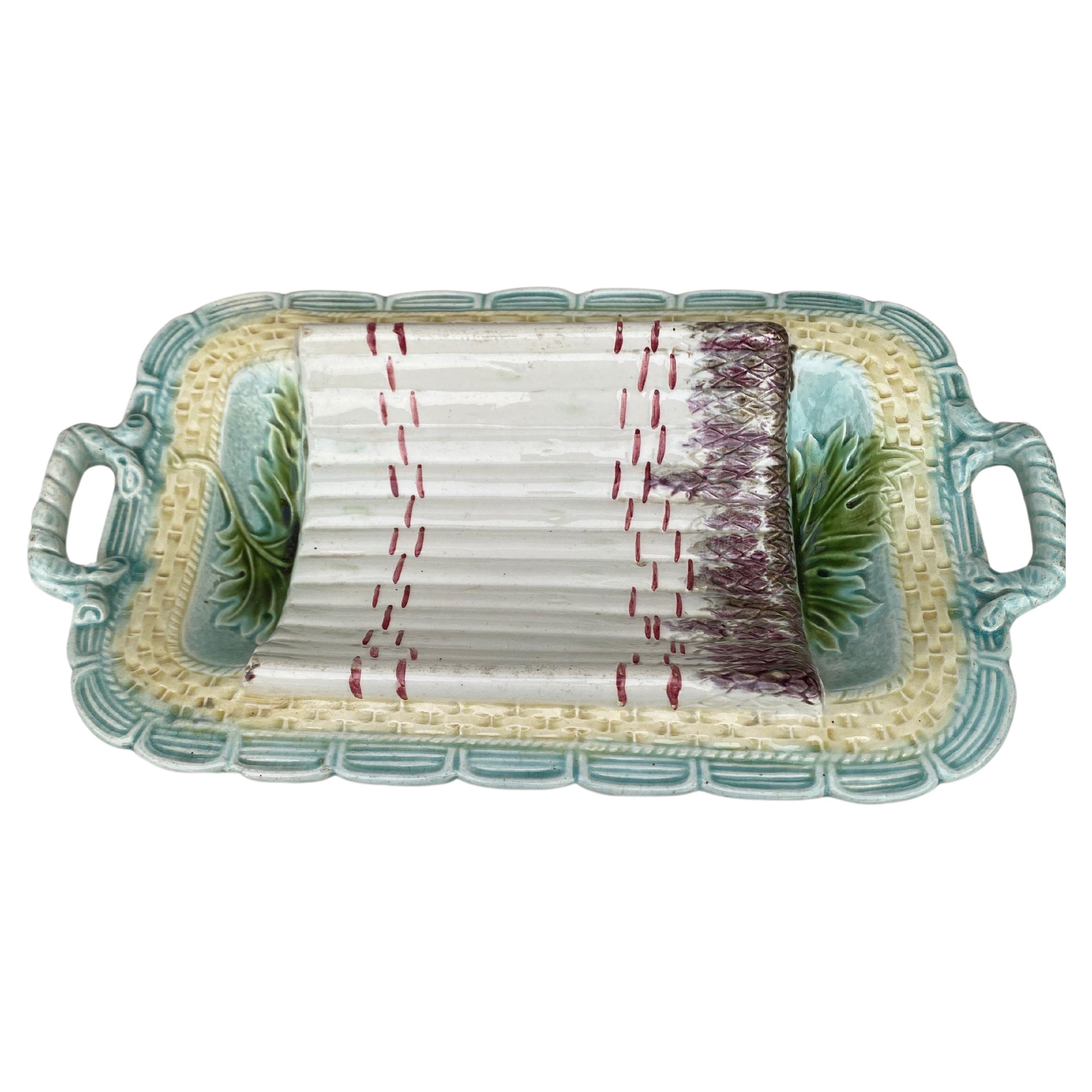 19th century Majolica Asparagus handled platter salins, in a shape of basket Trompe l'oeil.
 