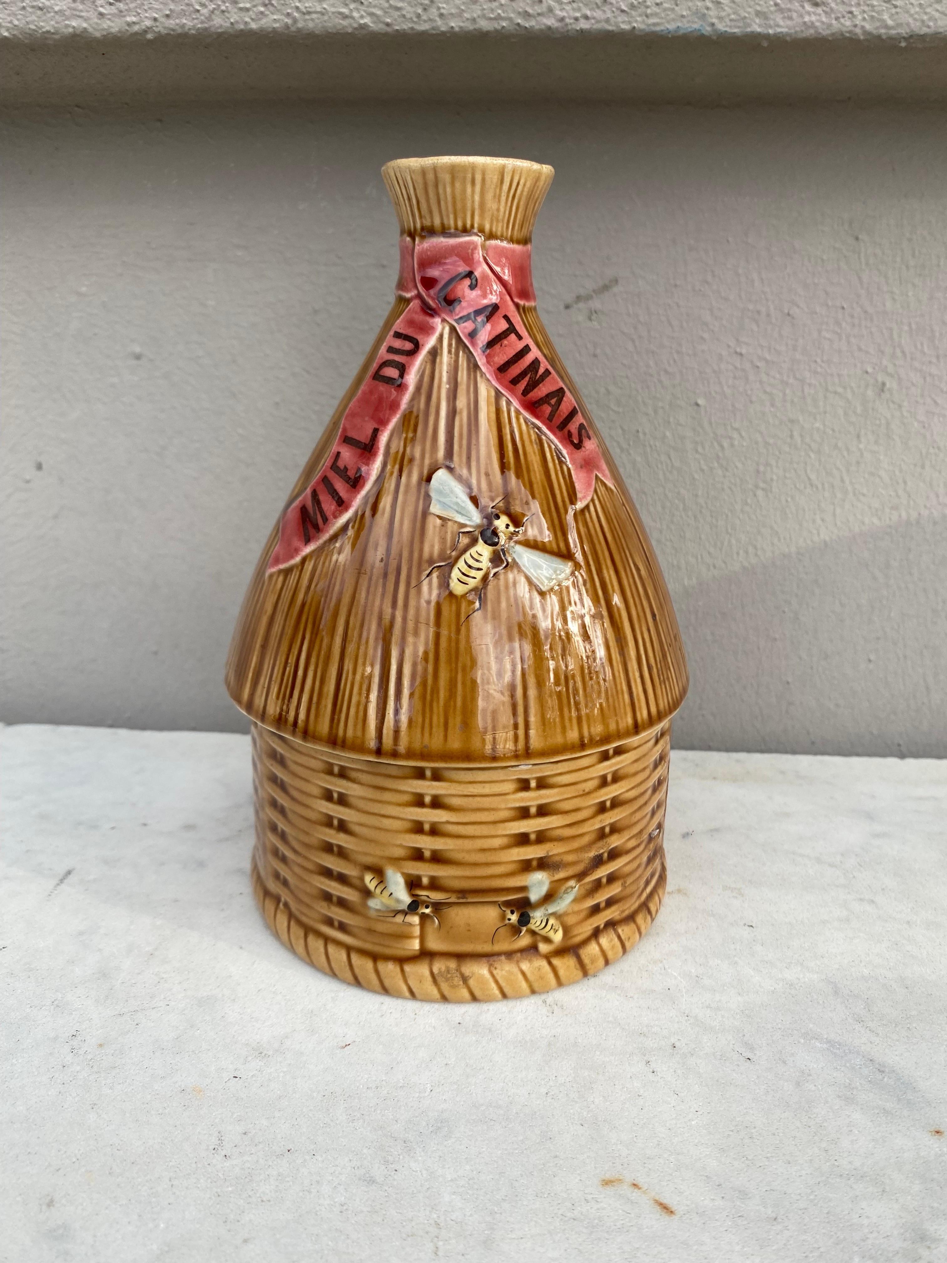French Majolica beehive honey pot attributed to Luneville, circa 1890.
