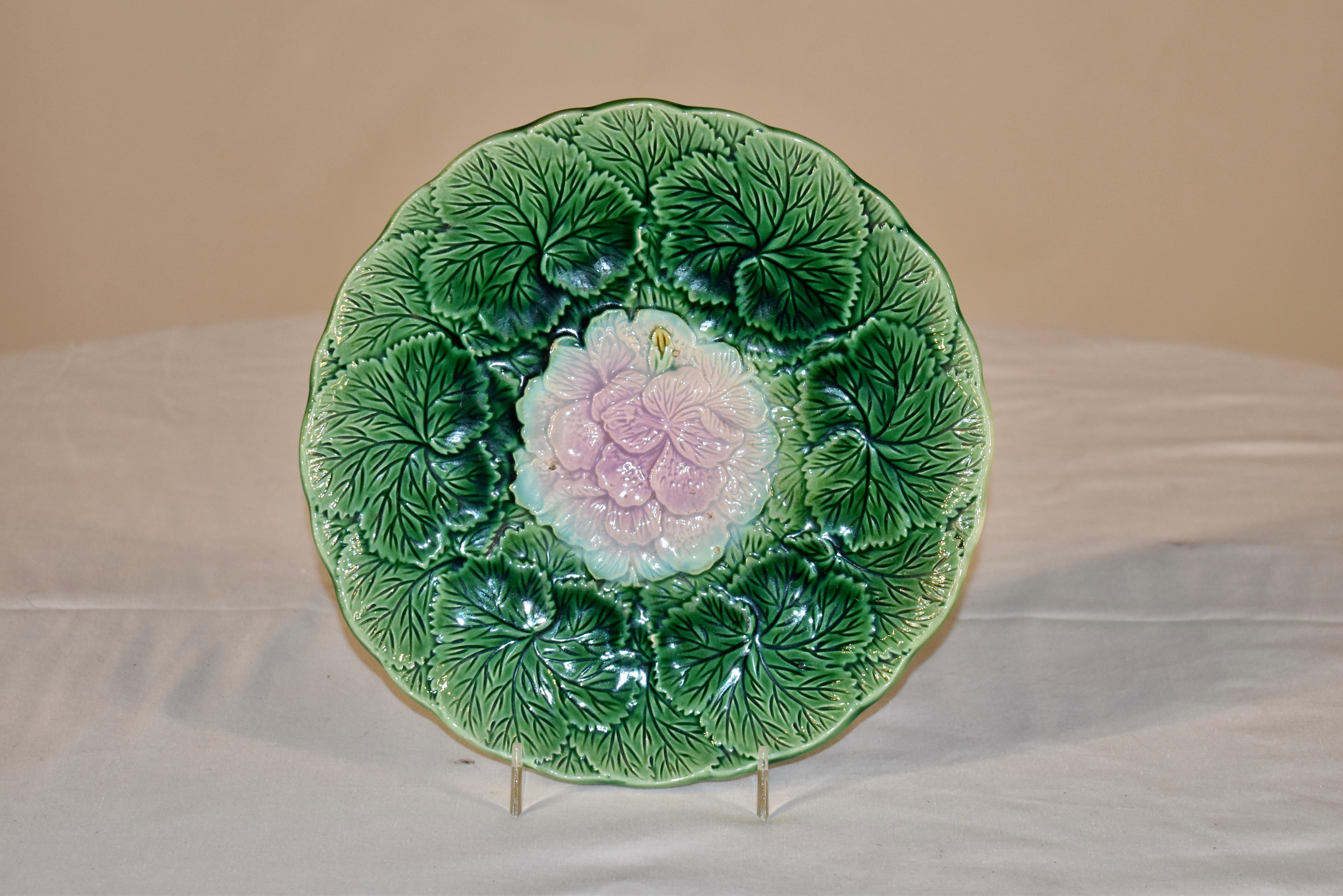 19th century majolica begonia plate from England. Lovely coloring.