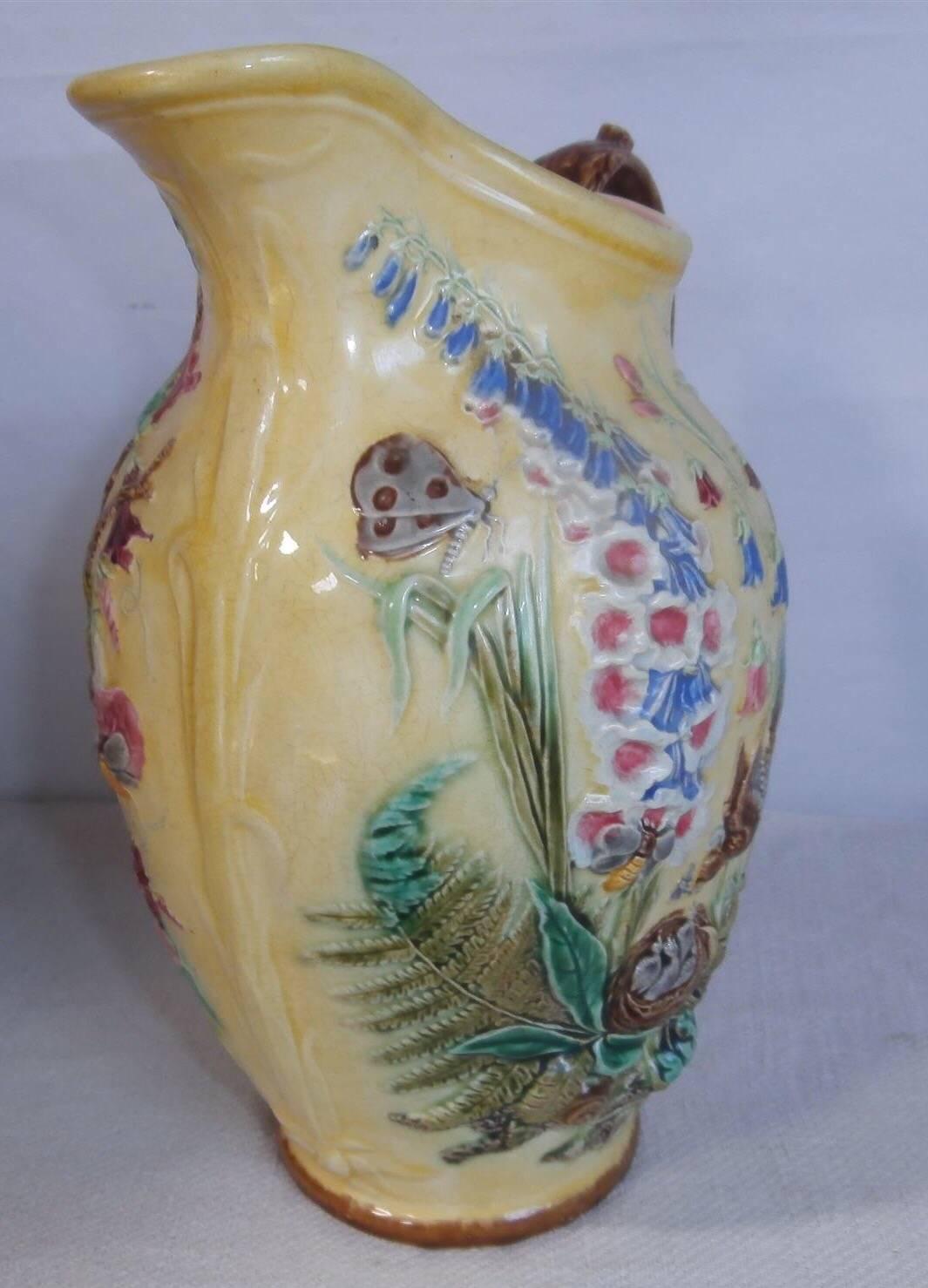 French 19th Century Majolica Bird and Foxgloves Pitcher Sarreguemines