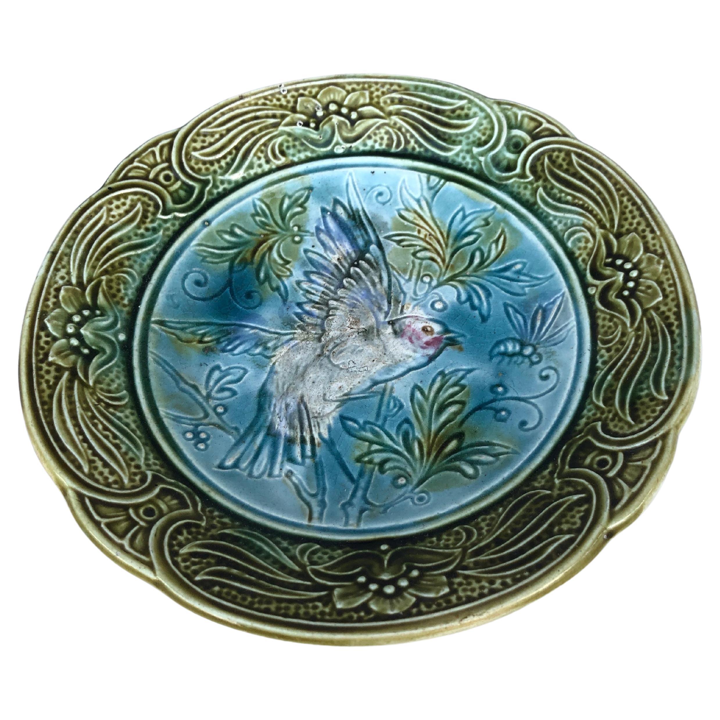 19th century Majolica bird & bee plate Wasmuel.
