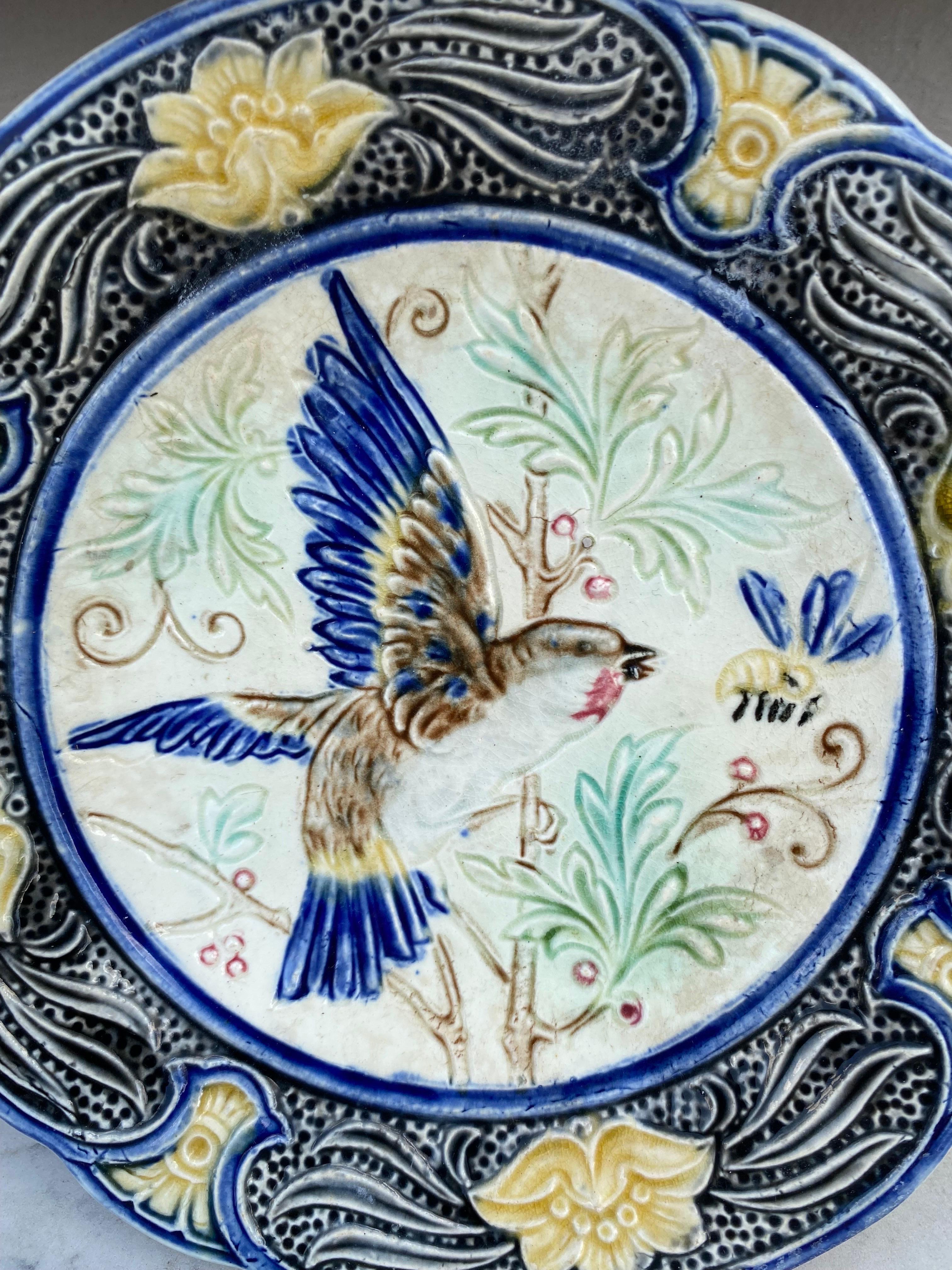 Rustic 19th Century Majolica Bird & Bee Plate Wasmuel