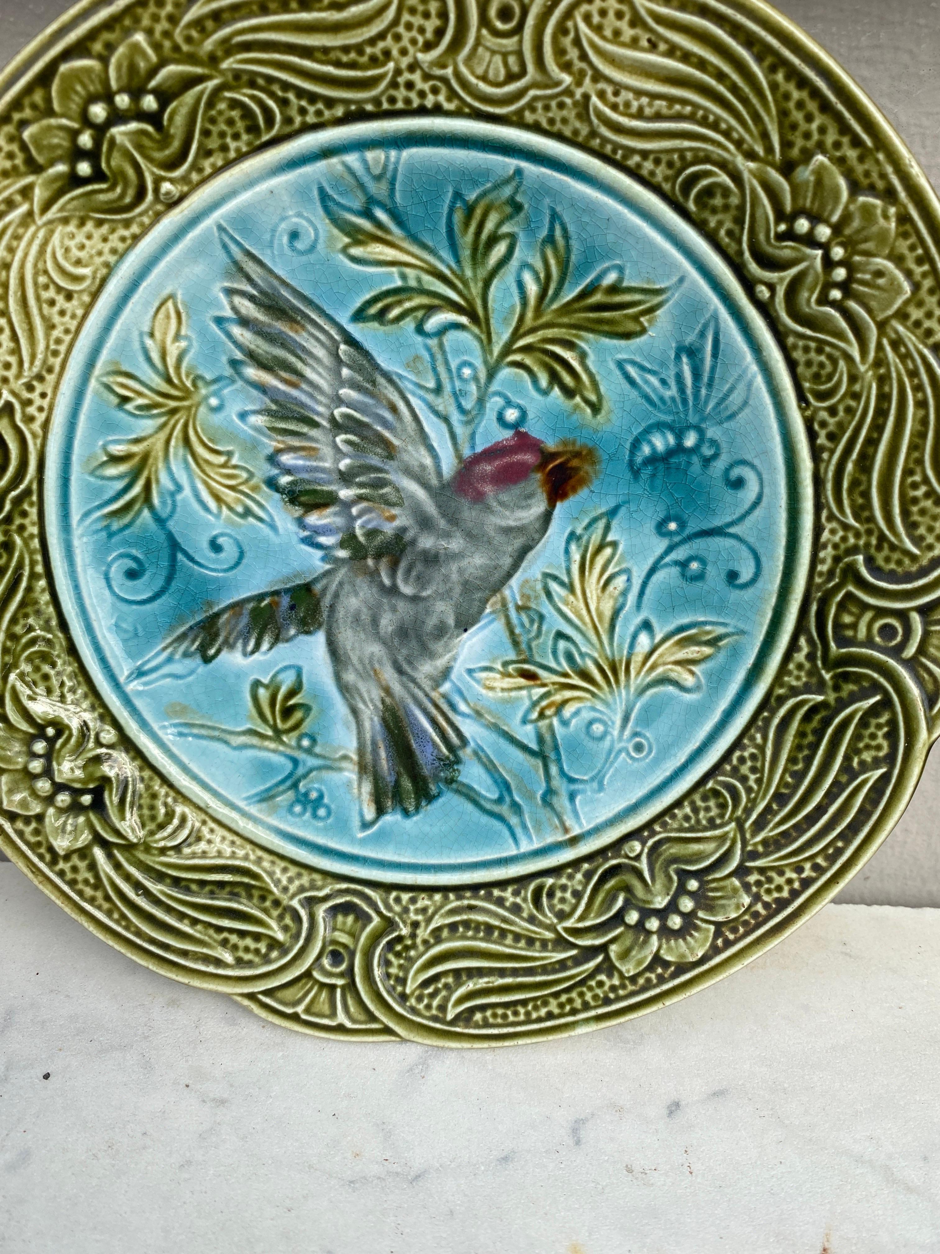 Rustic 19th Century Majolica Bird & Bee Plate Wasmuel For Sale