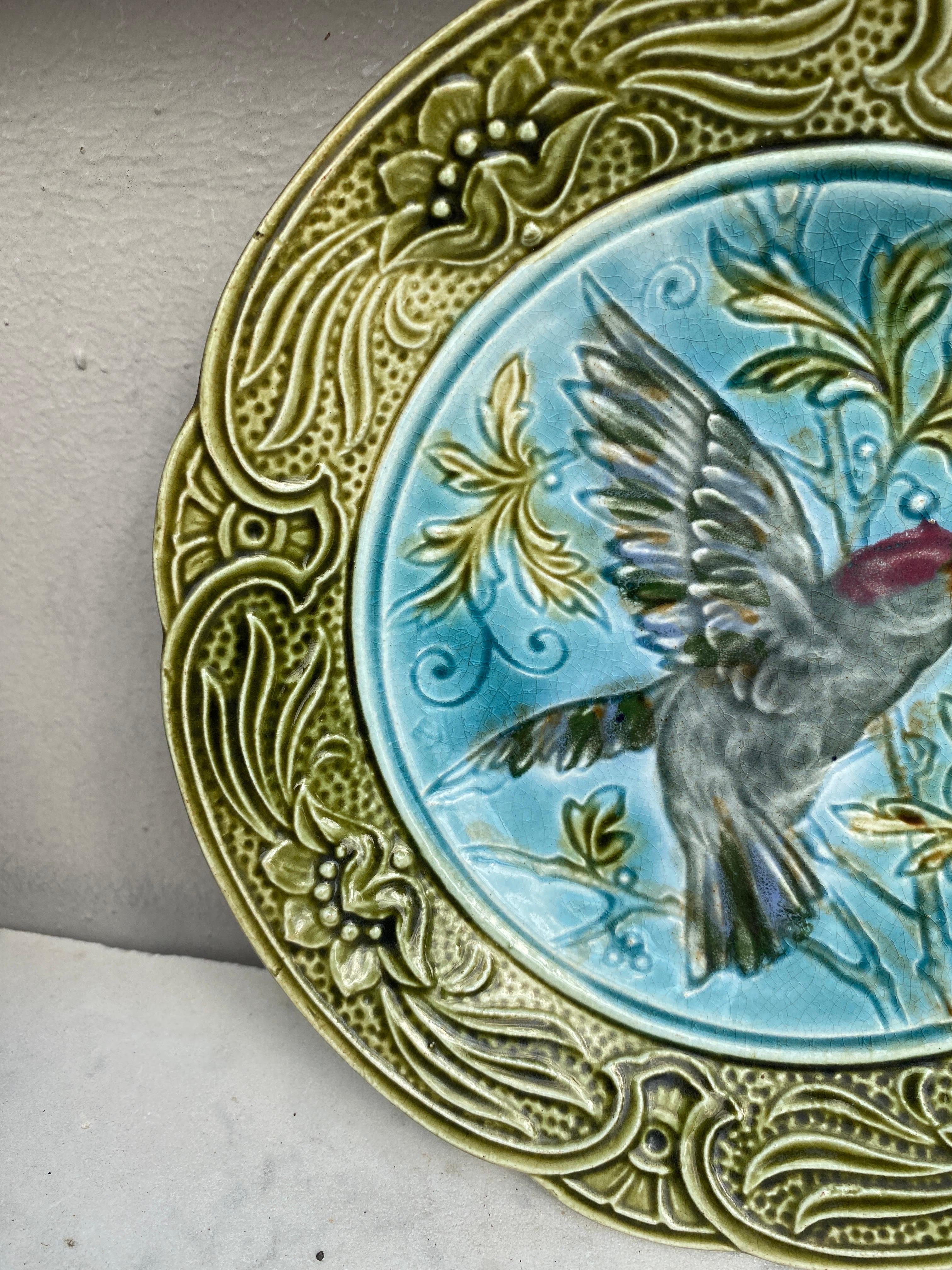 Belgian 19th Century Majolica Bird & Bee Plate Wasmuel For Sale