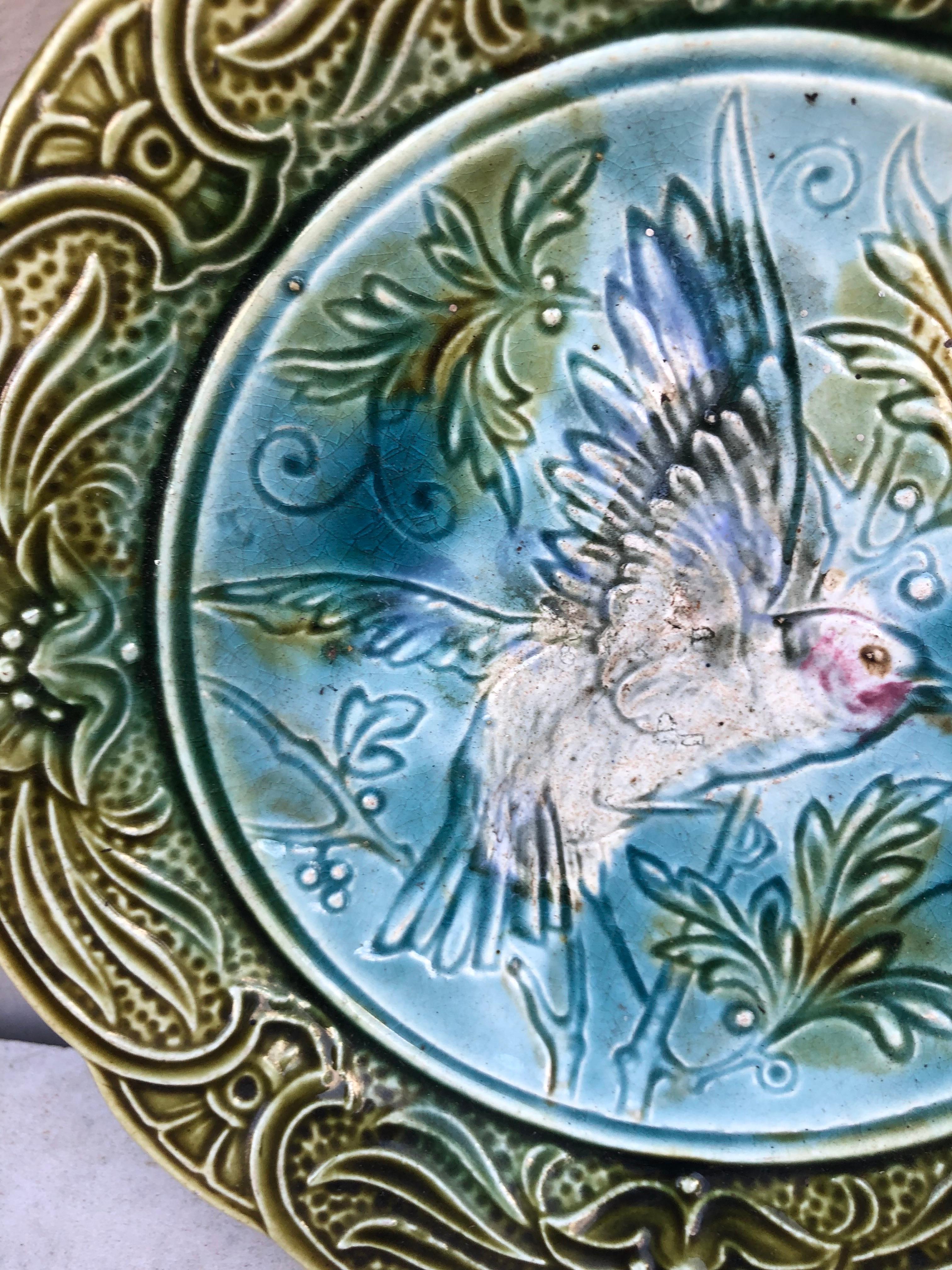 19th Century Majolica Bird & Bee Plate Wasmuel In Good Condition In Austin, TX