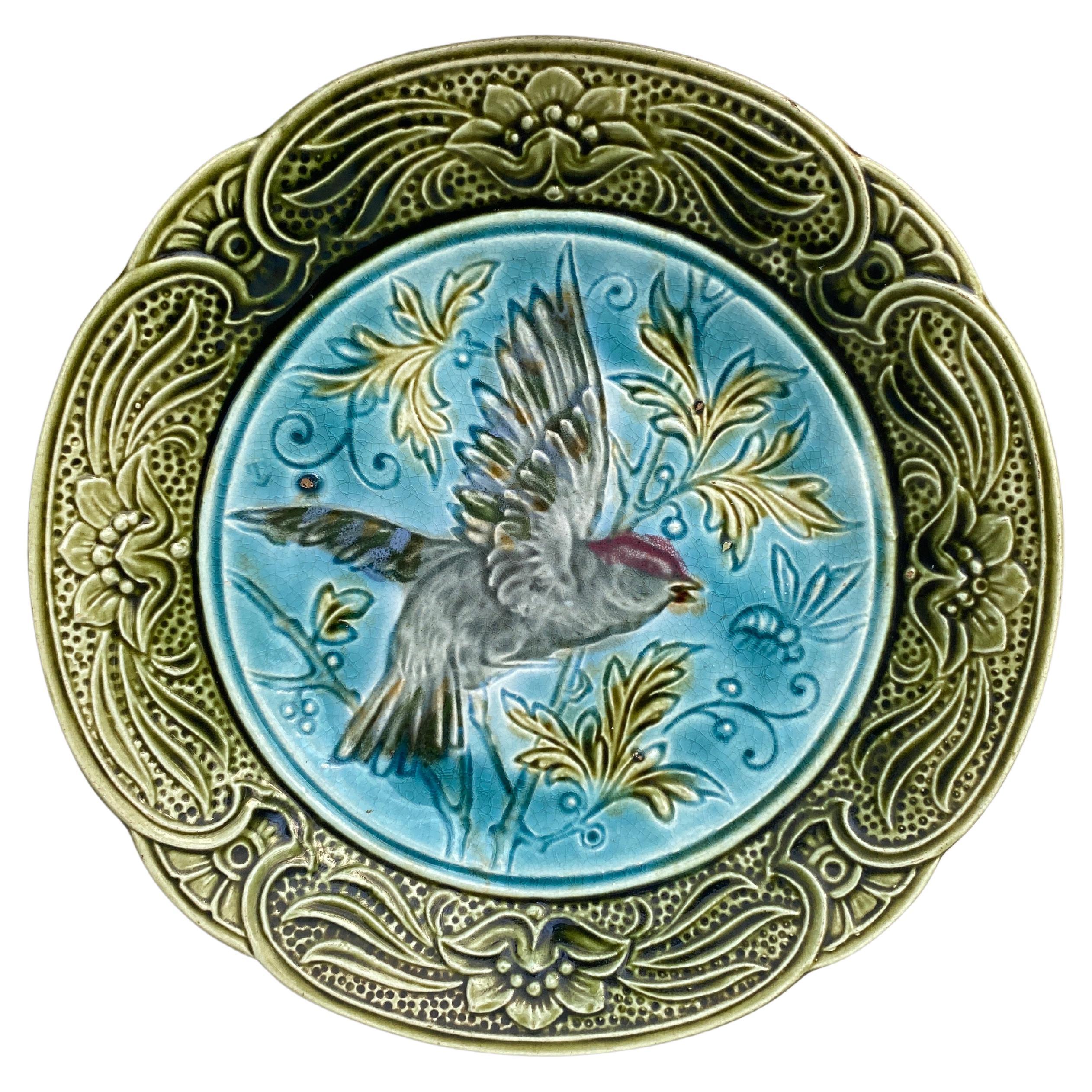 19th Century Majolica Bird & Bee Plate Wasmuel