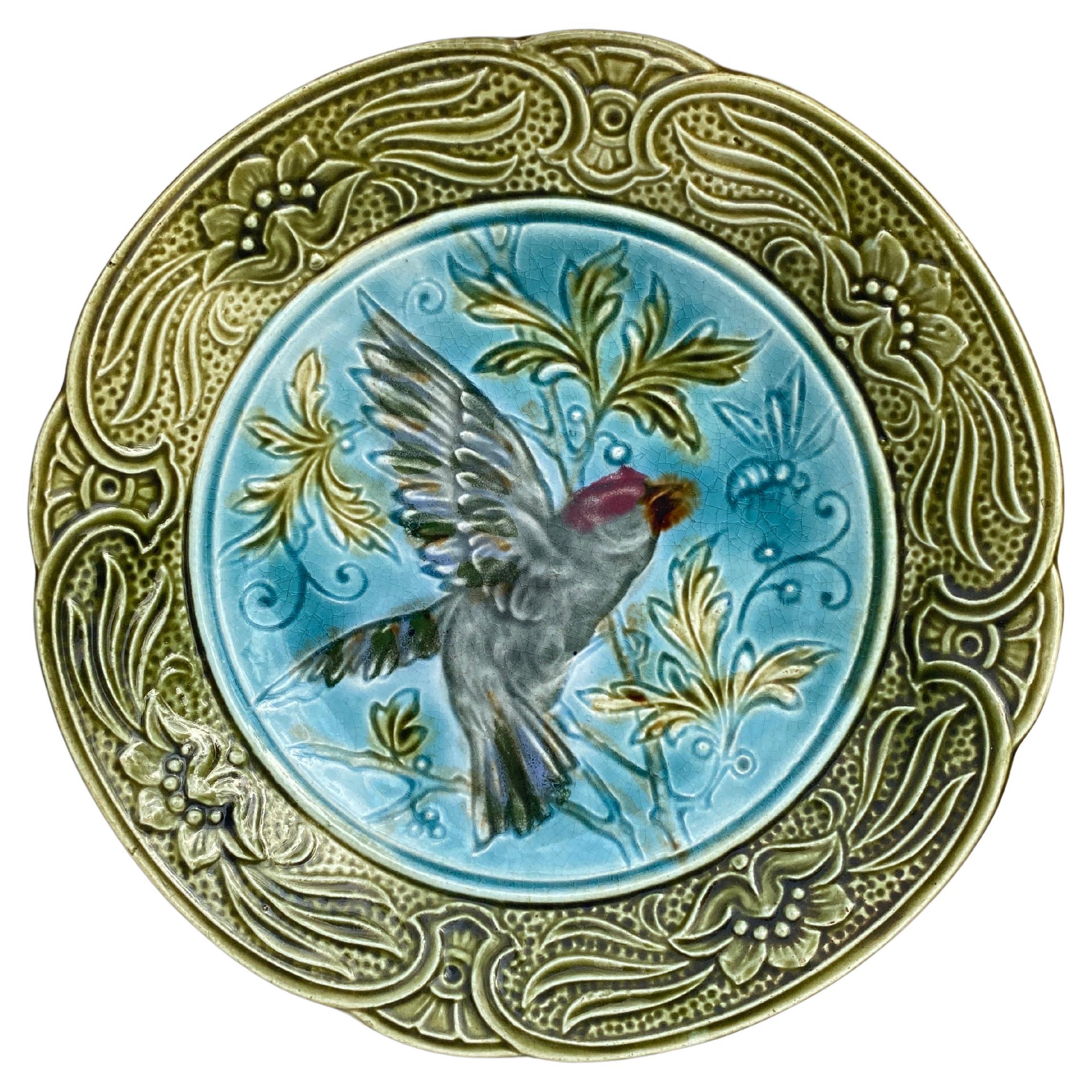 19th Century Majolica Bird & Bee Plate Wasmuel For Sale
