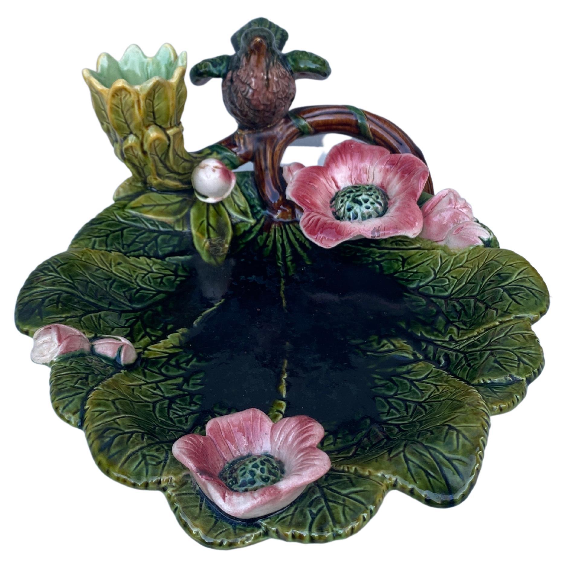 Rustic 19th Century Majolica Bird & Flowers Platter  For Sale