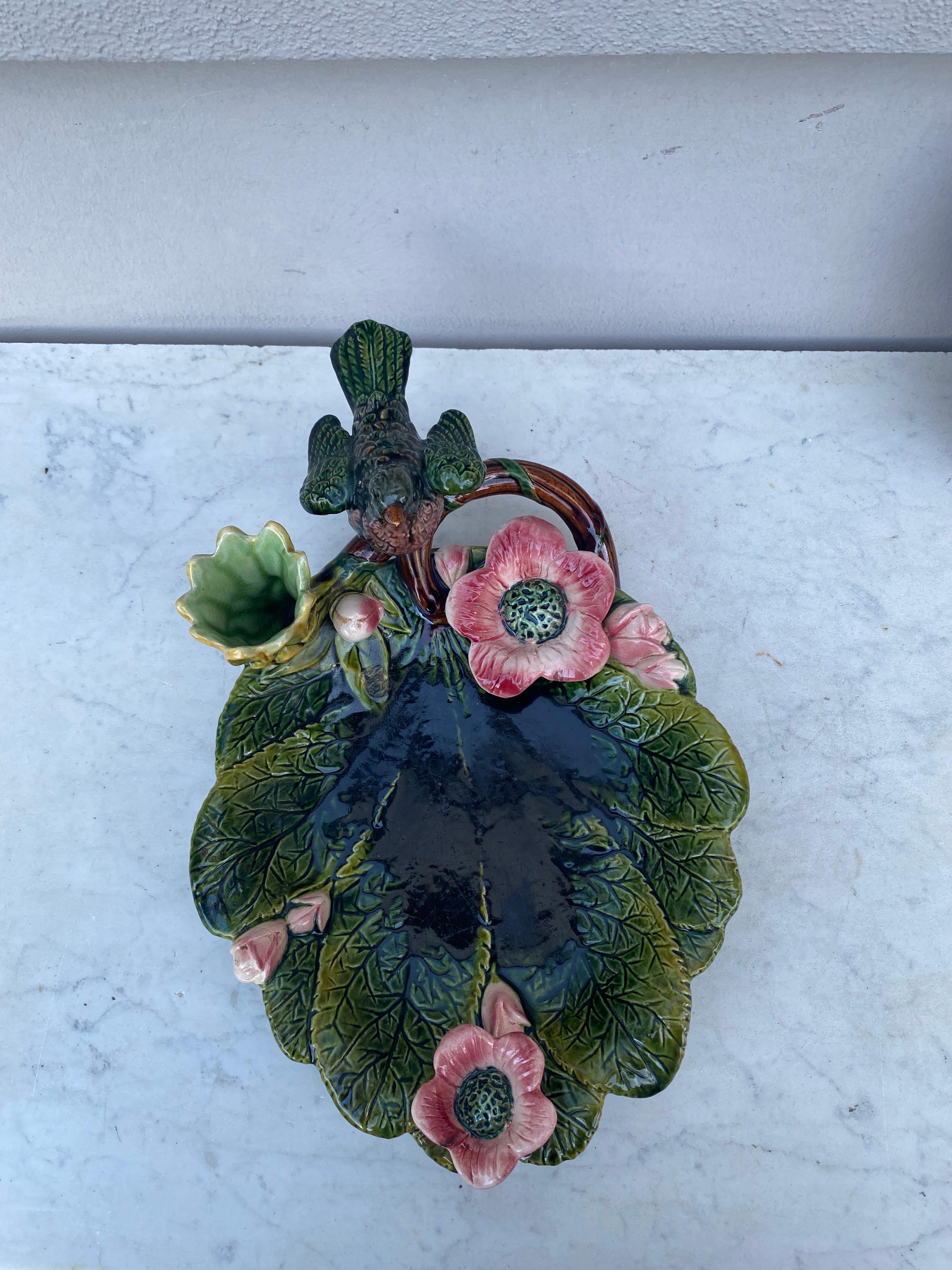 Ceramic 19th Century Majolica Bird & Flowers Platter  For Sale