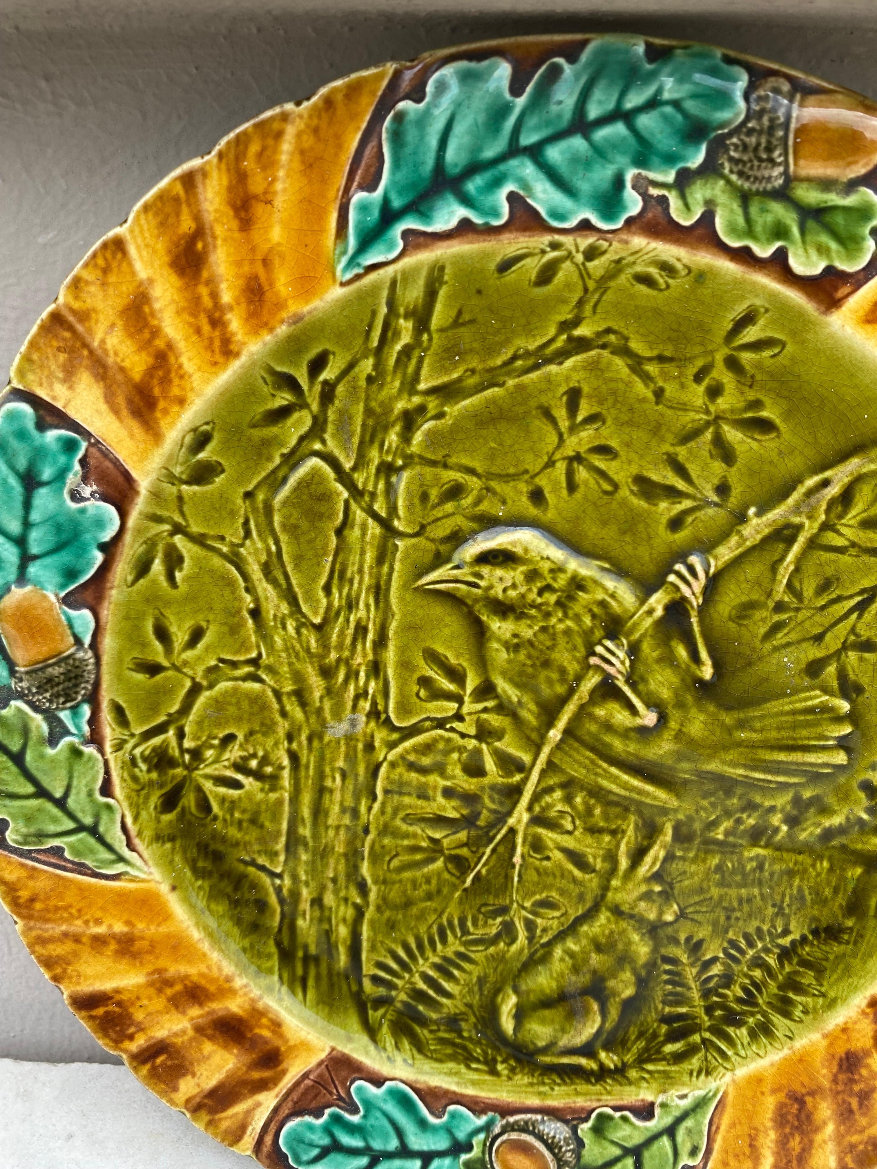 Country Assiette à oiseaux en majolique du 19ème siècle Sarreguemines en vente