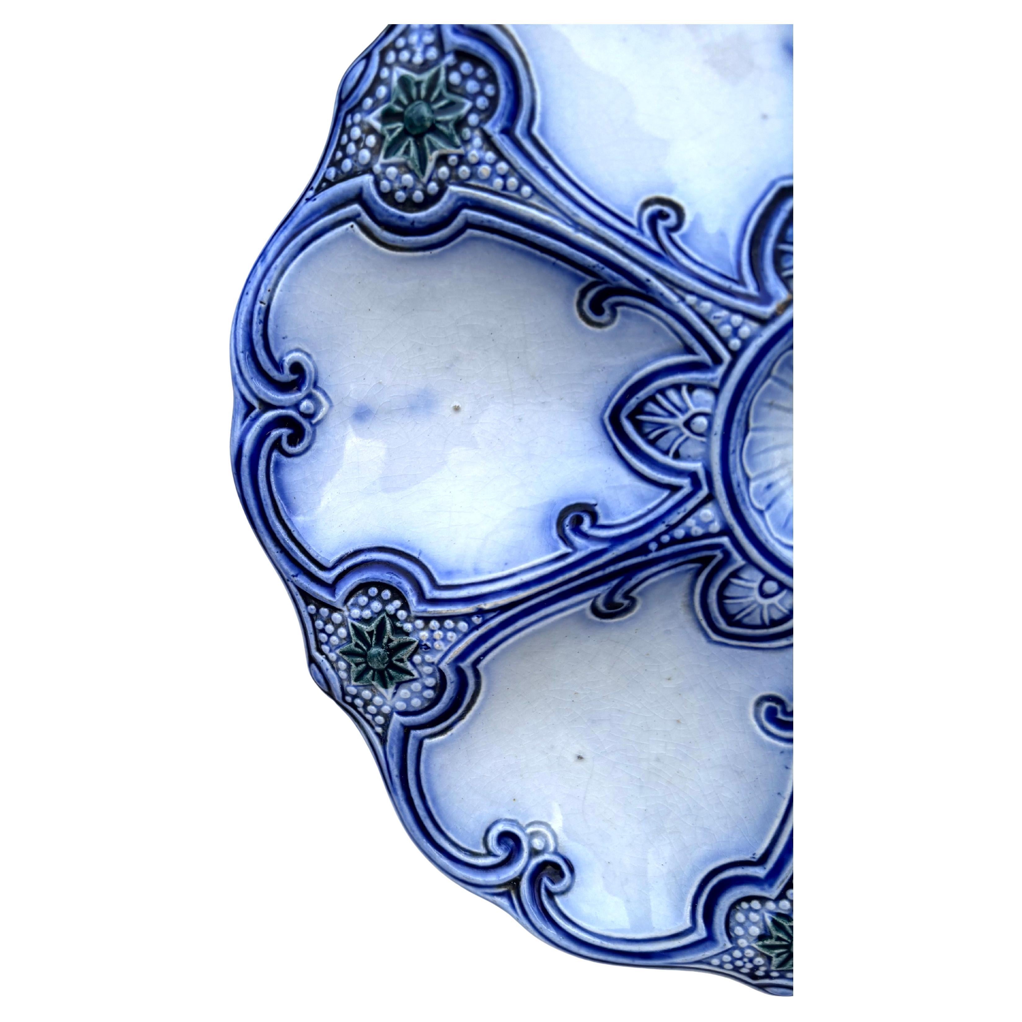 Victorian 19th Century Majolica Blue & White Oyster Plate Wasmuel