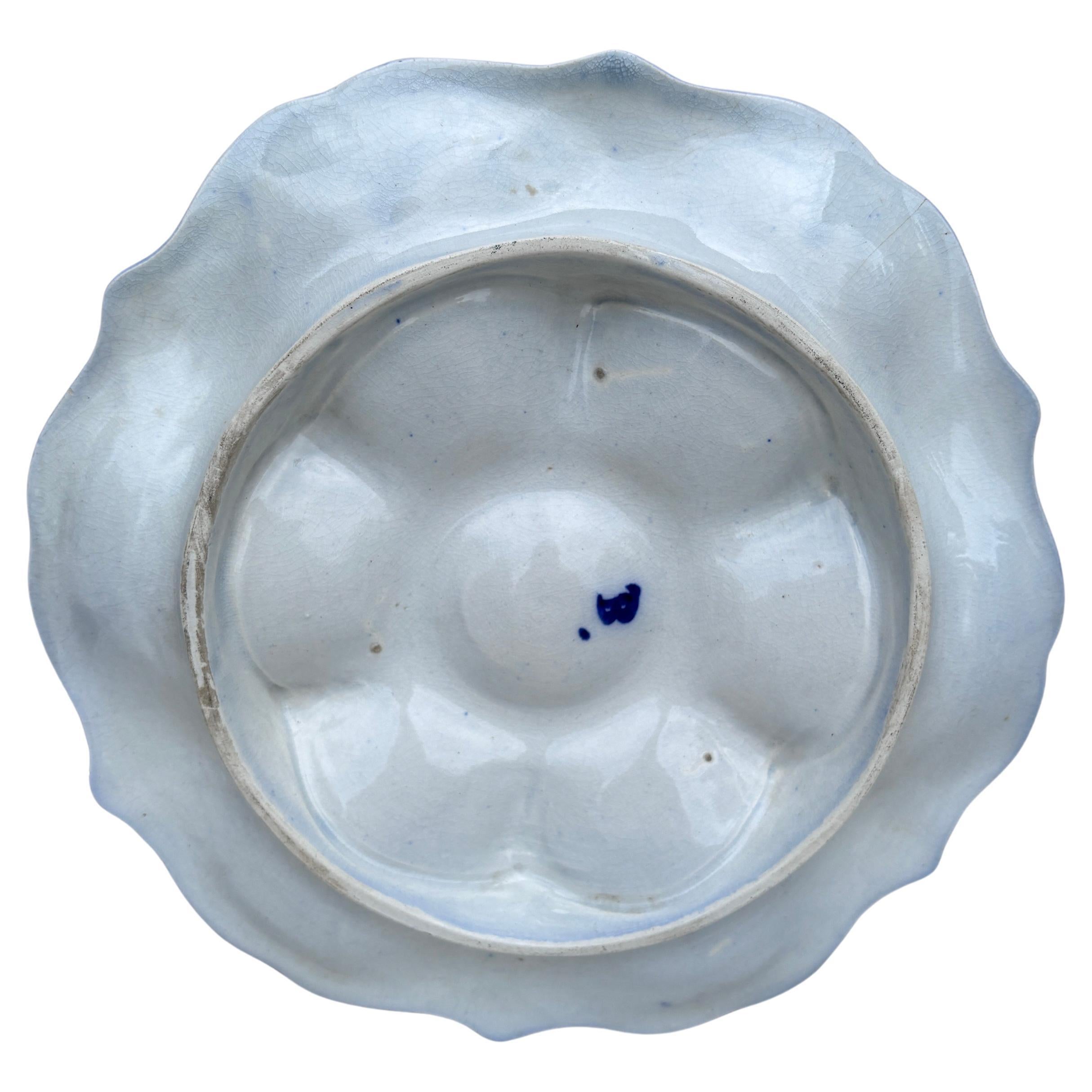 Victorian 19th Century Majolica Blue & White Oyster Plate Wasmuel For Sale