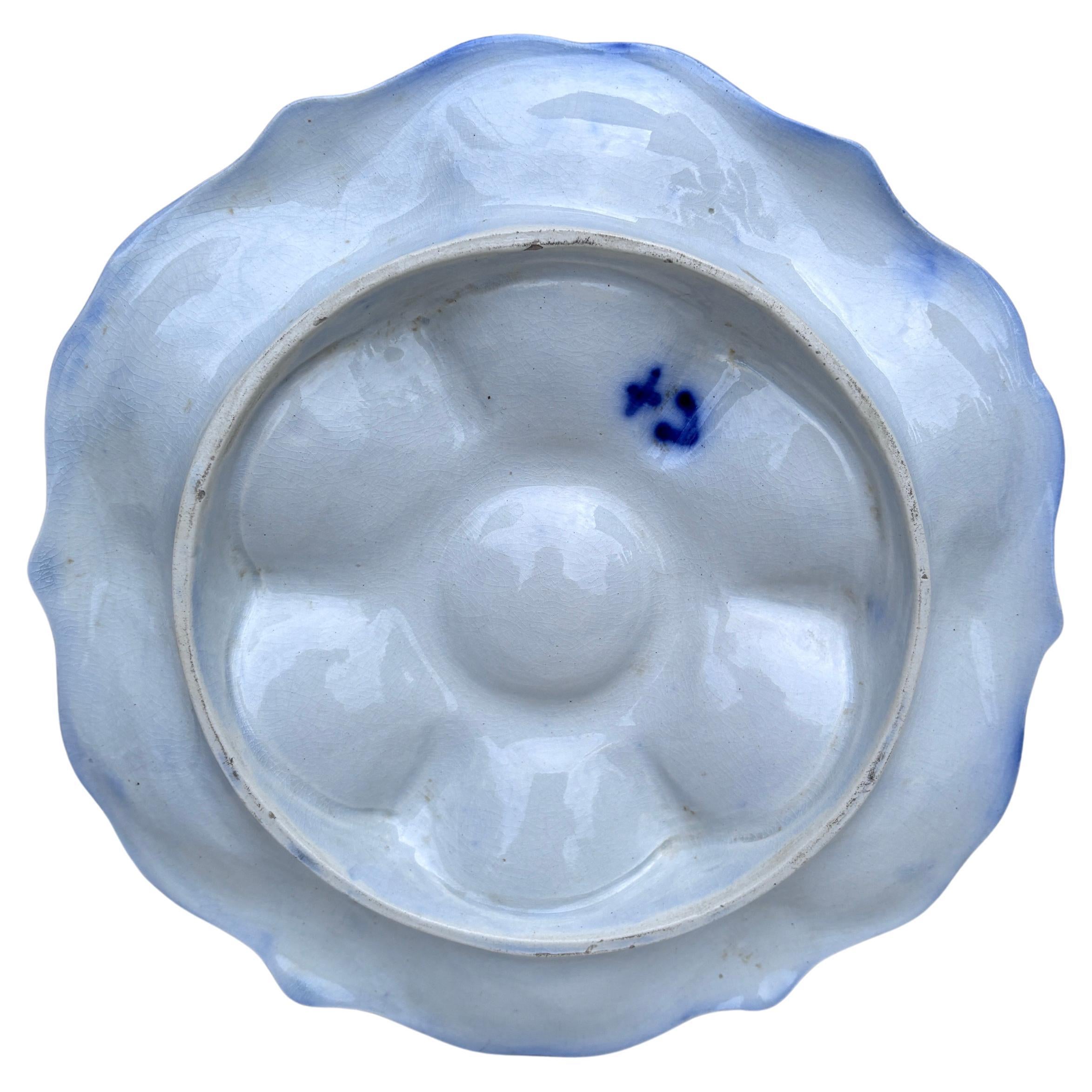Victorian 19th Century Majolica Blue & White Oyster Plate Wasmuel For Sale